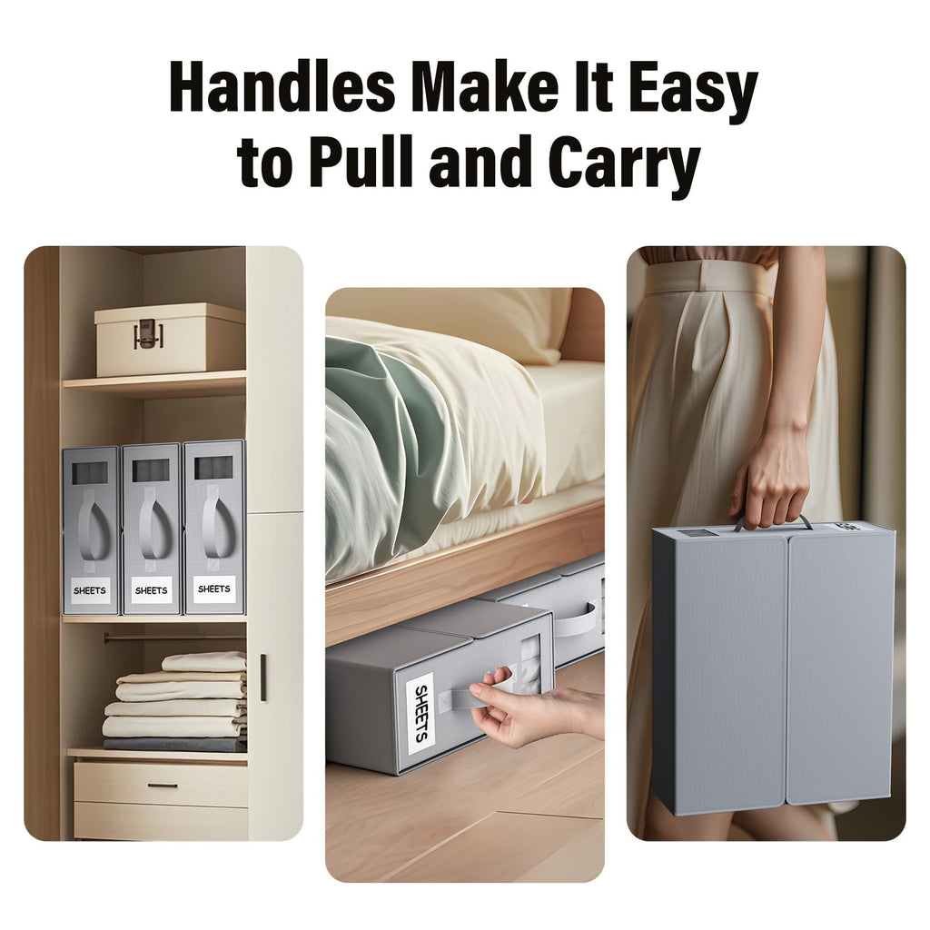Foldable Bedding Organizer, Fabric Storage Bins for Bed Sheets, Duvet Covers and Pillowcases, Closet Organizer, Storage Container Boxes for Blankets, Clothes (4 pack(Queen or King), Grey)