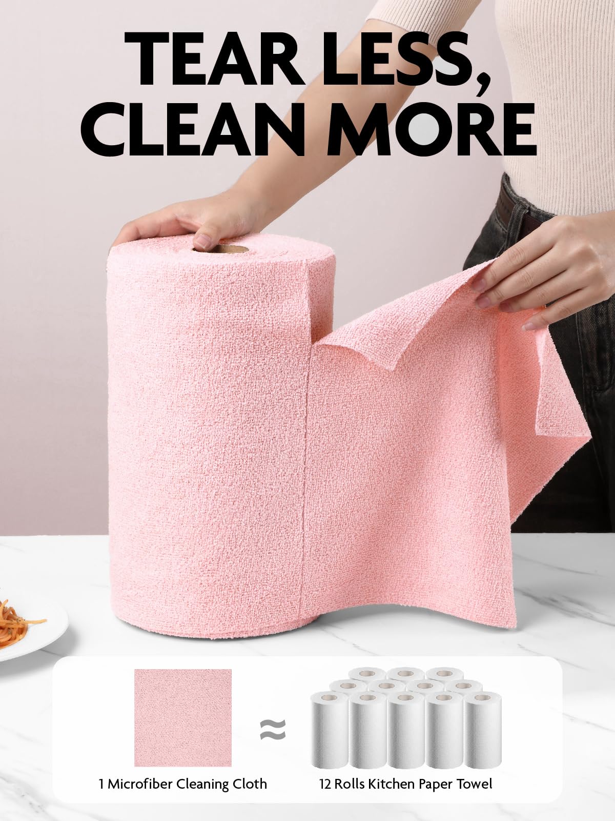 Fantasticlean Microfiber Cleaning Cloth Roll -40 Sheets, Tear Away Microfiber Towels, 30x30cm, Reusable, Washable, Scratch Free, Ultra Absorbent Dish Rags for Car, Home, Garage or Shop (Pink)