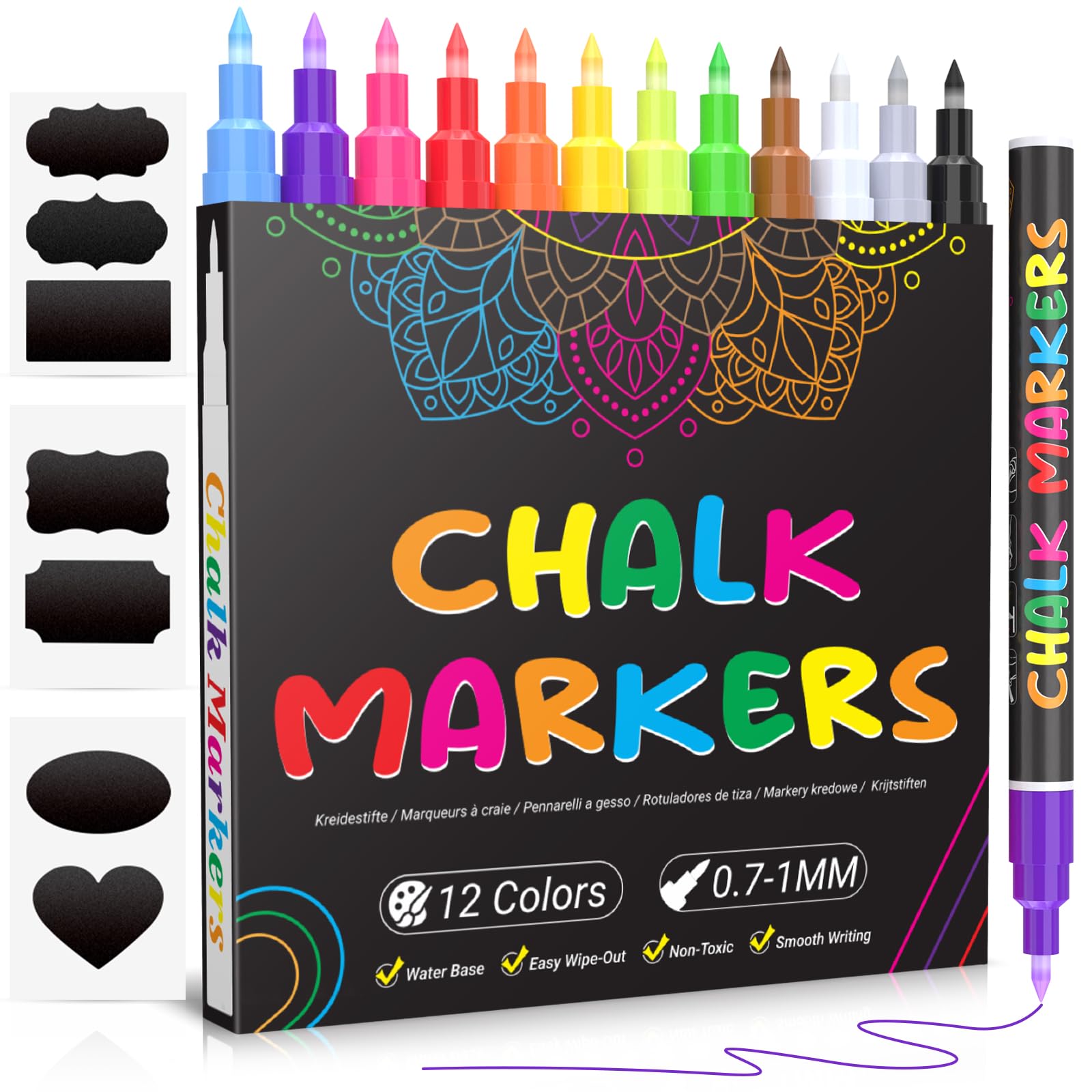 JR.WHITE Fine Tip Liquid Chalk Markers - Chalkboard Markers for Blackboards Bold Color Wet Erase Marker Pens for Chalkboard Signs, Window, Glass, White Board with 45 Labels