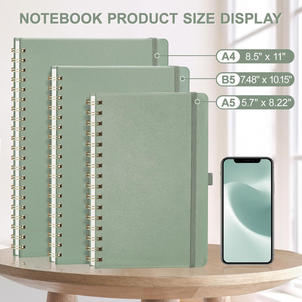 AHGXG Lined Spiral Journal Notebook, B5 Large College Ruled Journals for Women Men，Hardcover Leather Notebooks for School Work Note Taking, 140 Numbered Pages, 100 GSM Paper, 7.6" x 10", Sage Green
