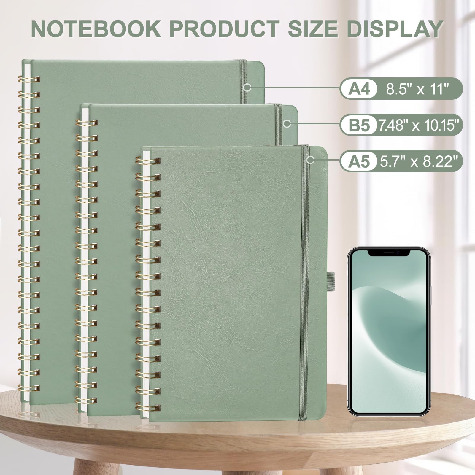 AHGXG Lined Spiral Journal Notebook, B5 Large College Ruled Journals for Women Men，Hardcover Leather Notebooks for School Work Note Taking, 140 Numbered Pages, 100 GSM Paper, 7.6" x 10", Sage Green
