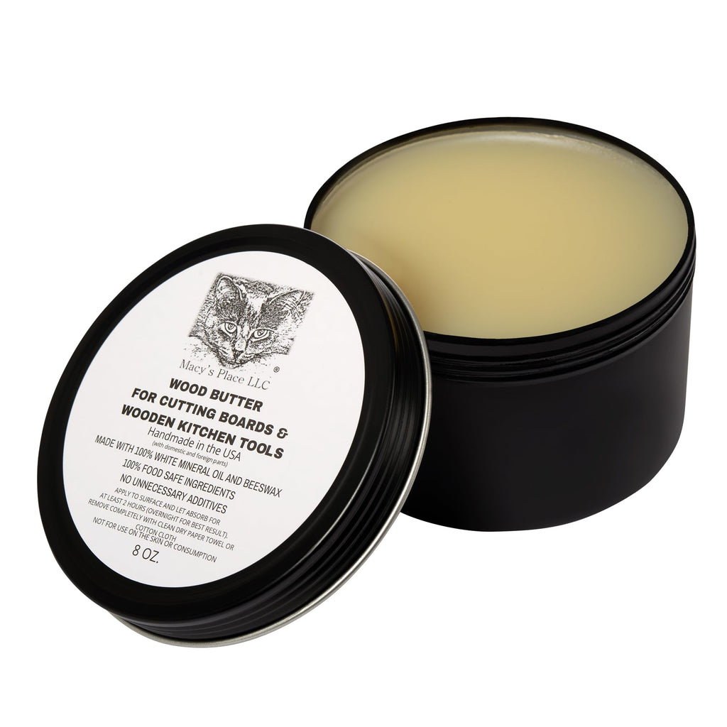 Wood Butter Cutting Board Wax - 8 fl oz - Conditioner for Butcher Block and Wooden Kitchen Tools. Macy;s Place Food Grade Mineral Oil and Beeswax for Wooden Tools. Support Animal Rescue