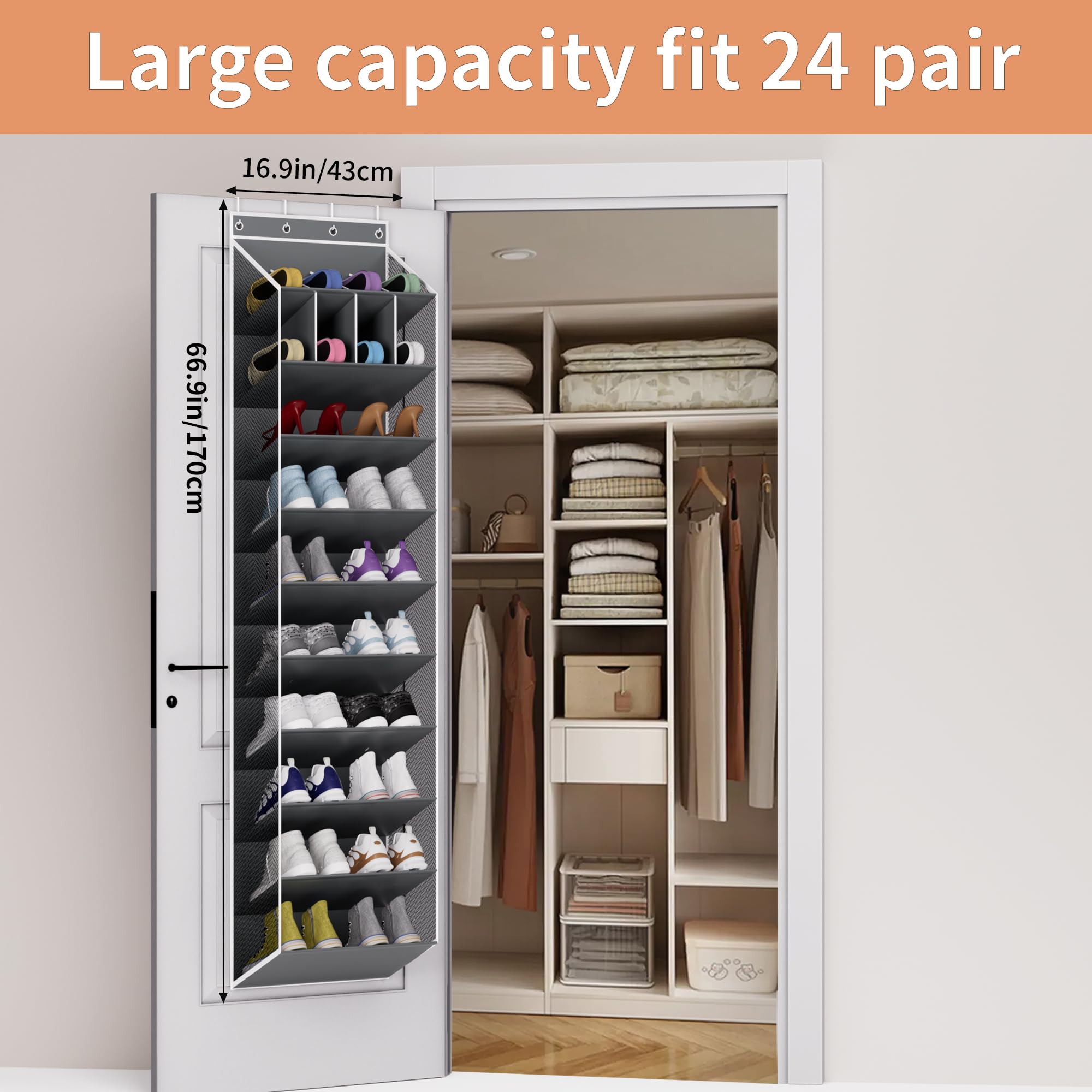 KYEVIS Over the Door Shoe Organizer, 10-Tier Hanging Shoe Rack for Closet with Deep Pockets, Space-Saving Storage Holds 20 Pairs for Sneakers, Boots (Grey)