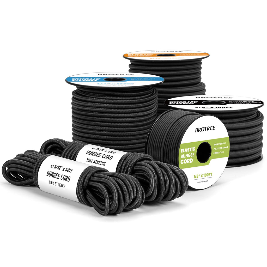 Brotree Bungee Cord Elastic Shock Cord 1/4" x 25' Bungee Rope for DIY, Tie Downs, Kayak and Outdoor - Black