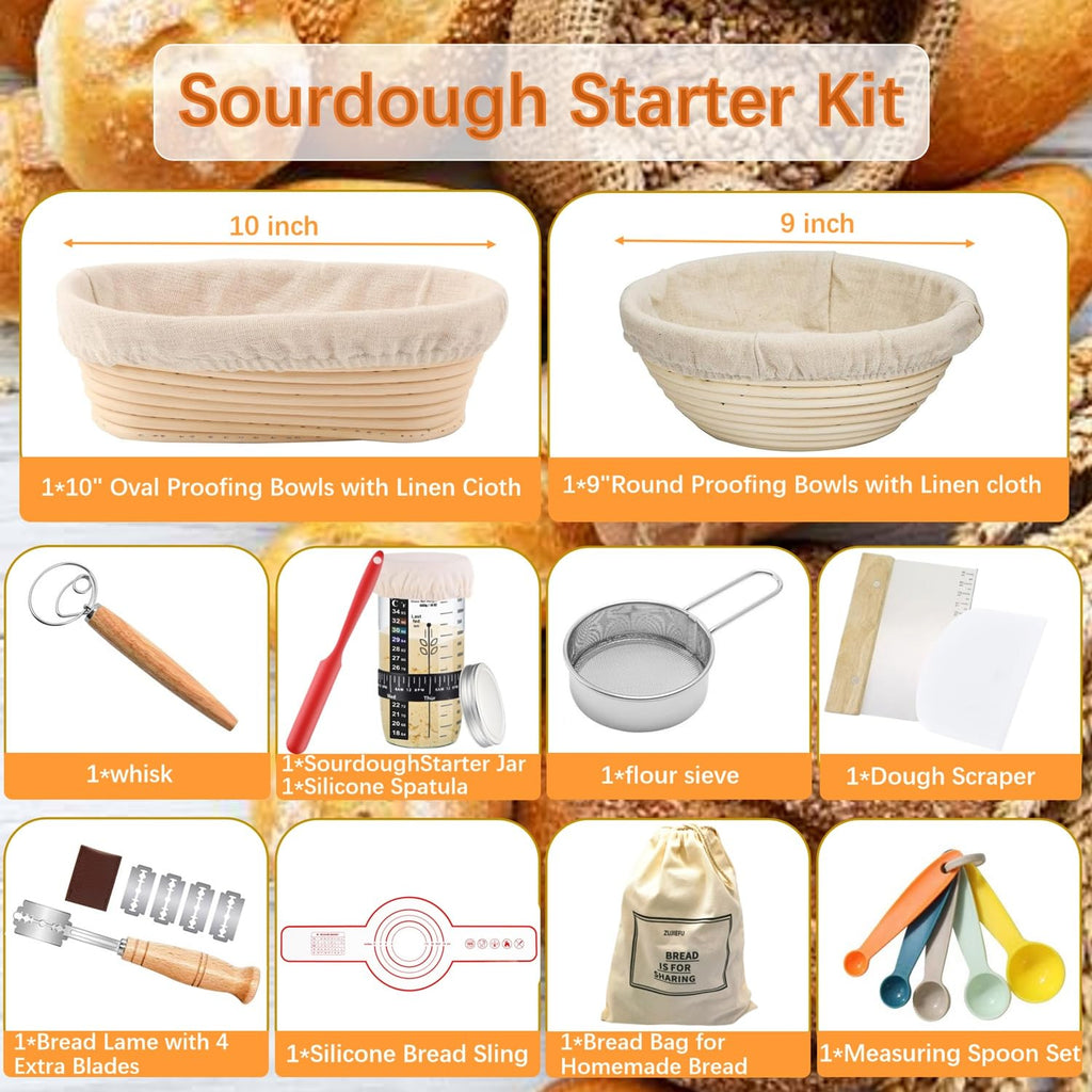 Sourdough Starter Kit,Proofing Basket of two,9 in Round &10 in Oval Banneton proofing Basket set with Silicone Bread Sling, Dough Scrapers, lame,Sourdough Jar,Perfect Bread Making Kit