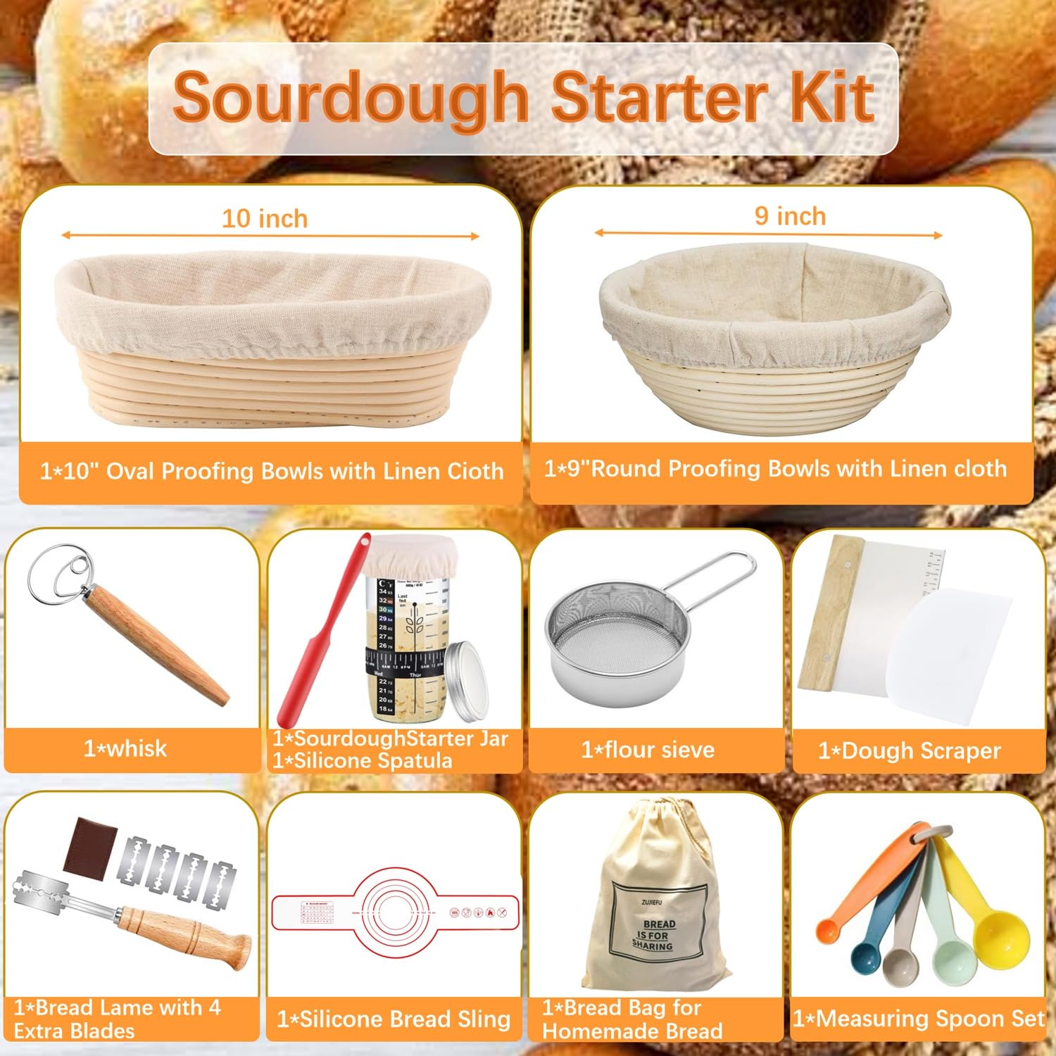 Sourdough Starter Kit,Proofing Basket of two,9 in Round &10 in Oval Banneton proofing Basket set with Silicone Bread Sling, Dough Scrapers, lame,Sourdough Jar,Perfect Bread Making Kit
