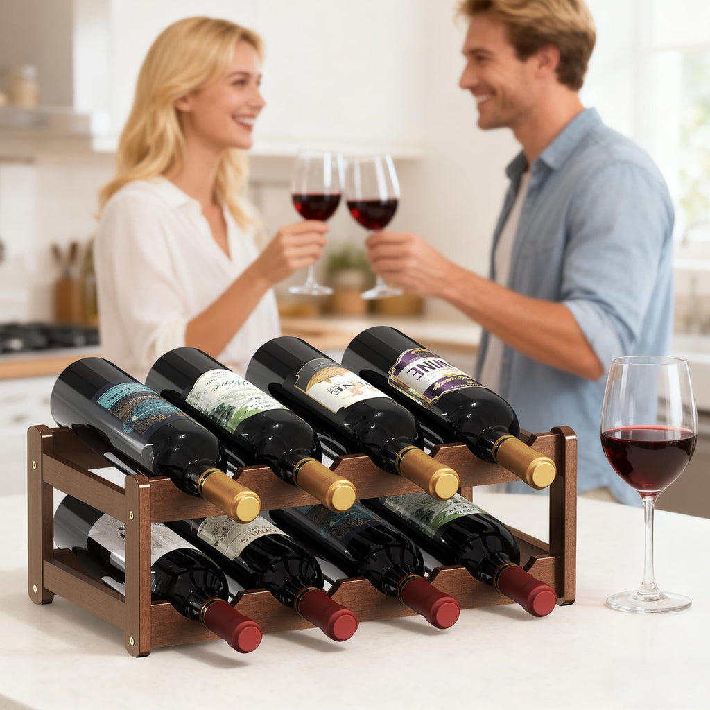 CAMOAT Wine Rack | 2-Tier Bamboo Wine Rack Organizer | Freestanding Floor & Countertop Wine Holder for 8 Bottles | Sturdy Wine Shelf | Perfect for Kitchen,Cabinets,Home Bar,Wine Storage (1, 2-Tiers)