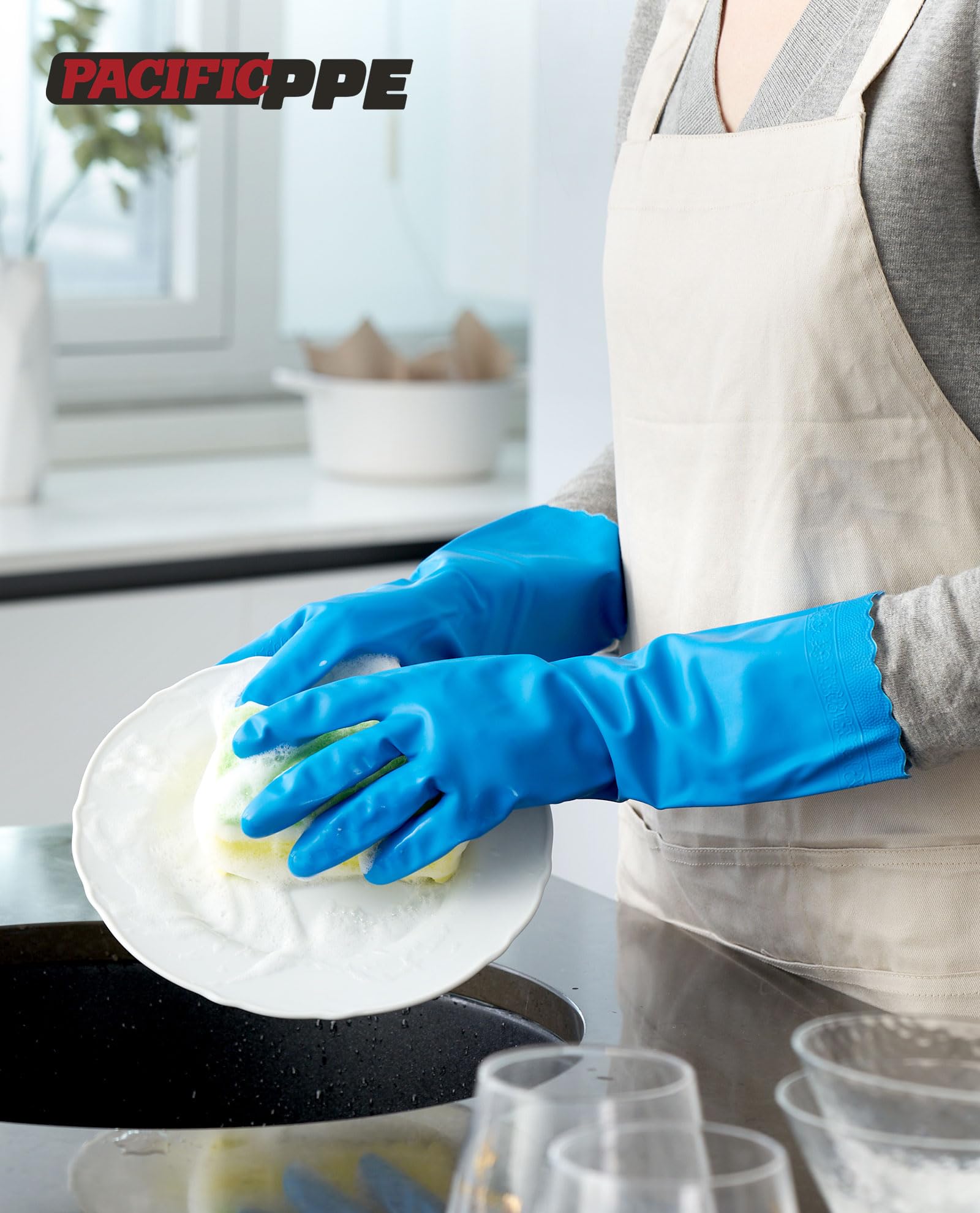 PACIFIC PPE Reusable Dishwashing Cleaning Gloves with Latex Free, Cotton Liner, Household, Kitchen Gloves, Blue, Large, 2Pairs