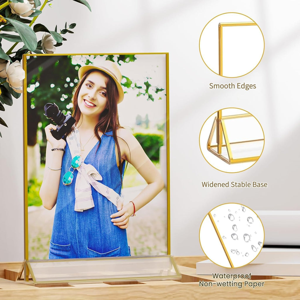 6 Pack Acrylic Gold Sign Holder, 5 x 7 Inch Clear Double Sided Picture Frame, Table Menu Display Stand Flyer Holder for Table Numbers, Photos, Restaurant, Wedding, Office (5 x 7 Inch)