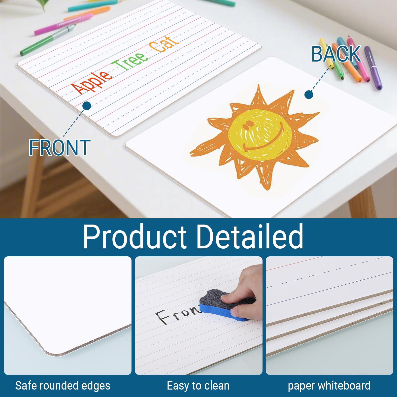 zmybcpack 12 Pack 9x12 Inch Small White Boards, Double Sided Dry Erase Boards Blank & Lined, Lightweight Paperboard Lapboards with 12 Markers & Erasers for Classroom, Students, Teachers