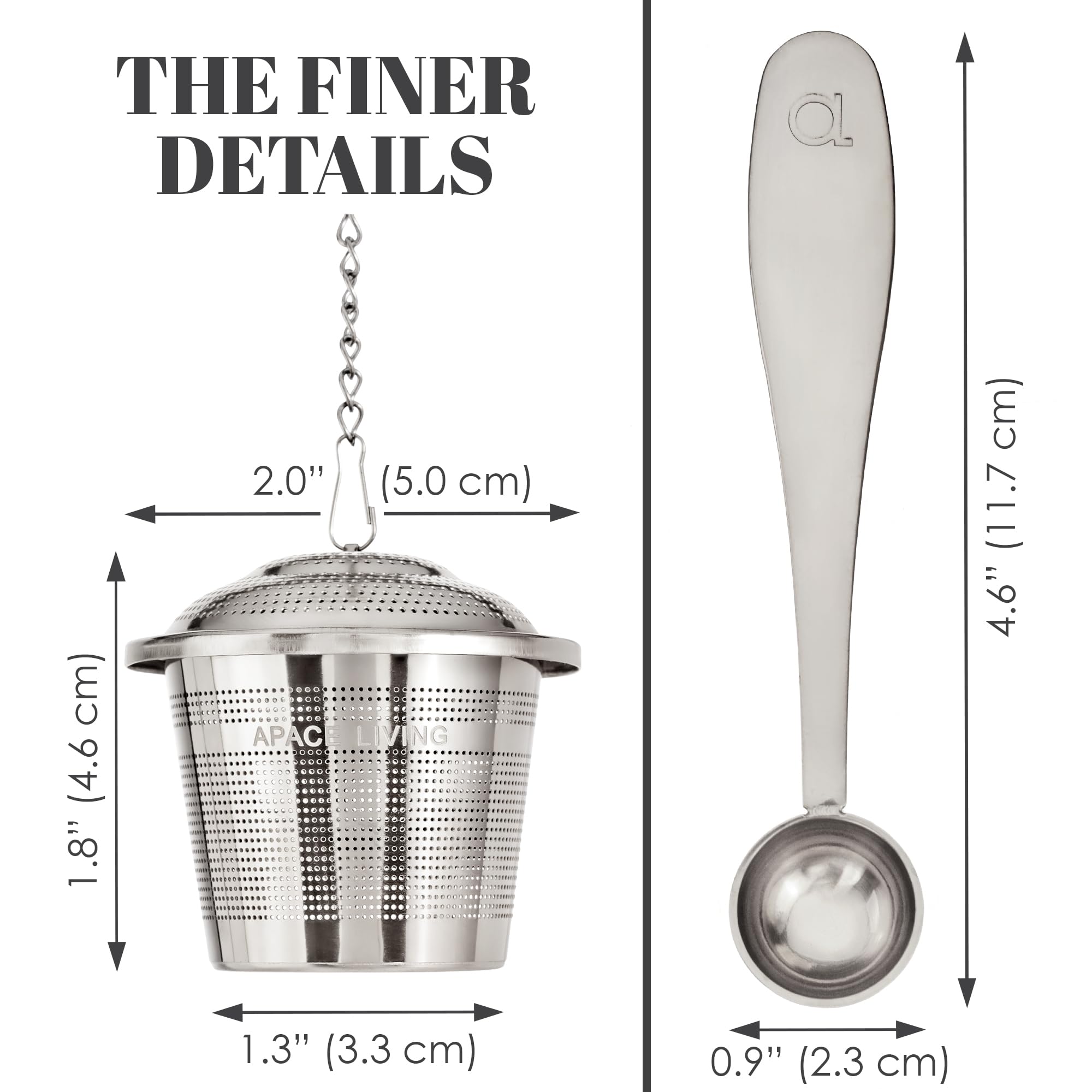 Apace Loose Leaf Tea Infuser (Set of 2) with Tea Scoop and Drip Tray - Ultra Fine Stainless Steel Strainer & Steeper for a Superior Brewing Experience (Silver, Medium)