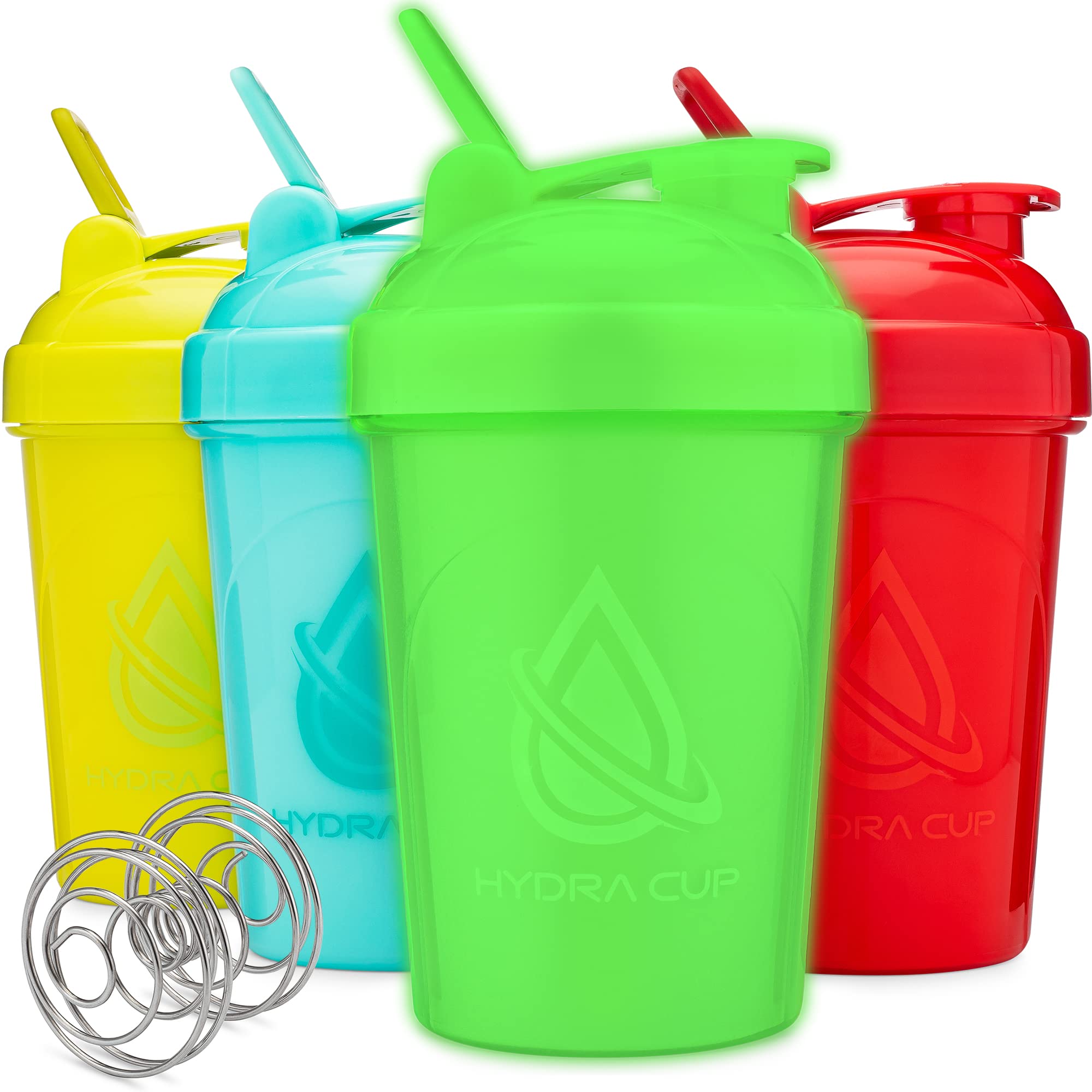 Hydra Cup - [4 Pack] 20-Ounce Shaker Bottle with Wire Whisk Balls, Max Value Protein Blenders, By Hydra Cup (Yellow, Blue, GITD, Red)