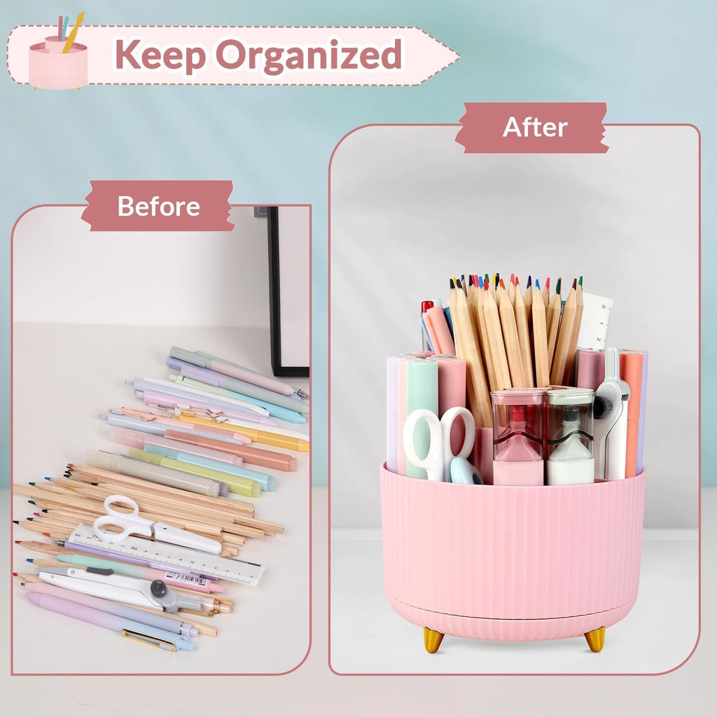 SKYDUE Pink 360 Rotating Plastic Desk Pen Organizer with 5 Slots, Dual-Purpose Art Supply Pencil Cup for Office, School, Home