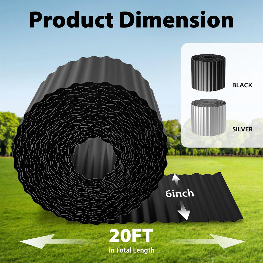 Ouditon Used for DIY Metal Ripple Landscape Edging, Sturdy and Durable Garden Edging Border, Lawn and Tree Surround Fence Design (Black, 6"×20 Ft)