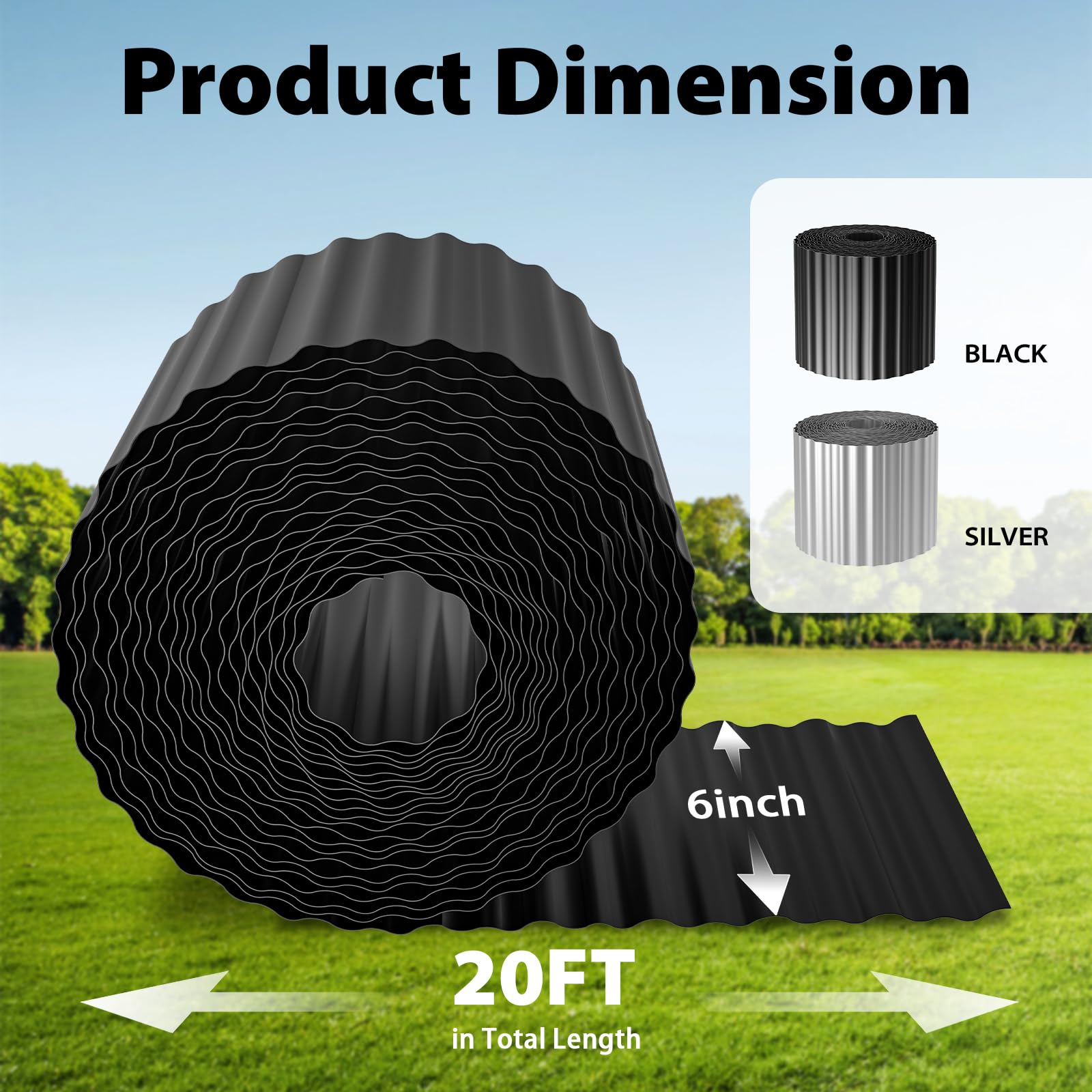 Ouditon Used for DIY Metal Ripple Landscape Edging, Sturdy and Durable Garden Edging Border, Lawn and Tree Surround Fence Design (Black, 6"×20 Ft)