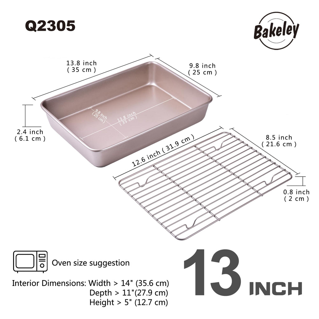 Bakeley 13-inch Baking Sheet Pan with Rack, Non-Stick Rectangular Deep Dish (1 Pan + 1 Rack), Oven-BBQ Bakeware for Oven Baking 13.78" x 9.84" x 2.36" (Champagne Gold)