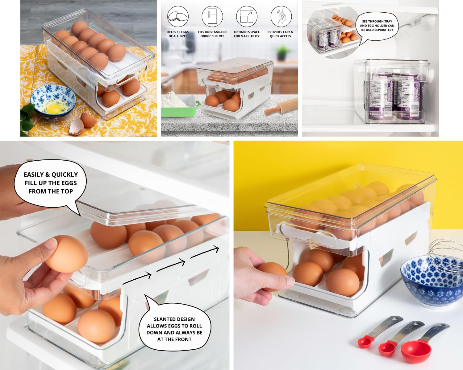 Rolling Egg Holder, Fridge Fresh 24 Egg Organizer with Lid for Refrigerator, Clear Egg Container Tray Stackable Dispenser and Egg Holder for Fridge, Egg Dispenser fridge Rolling With Egg Timer