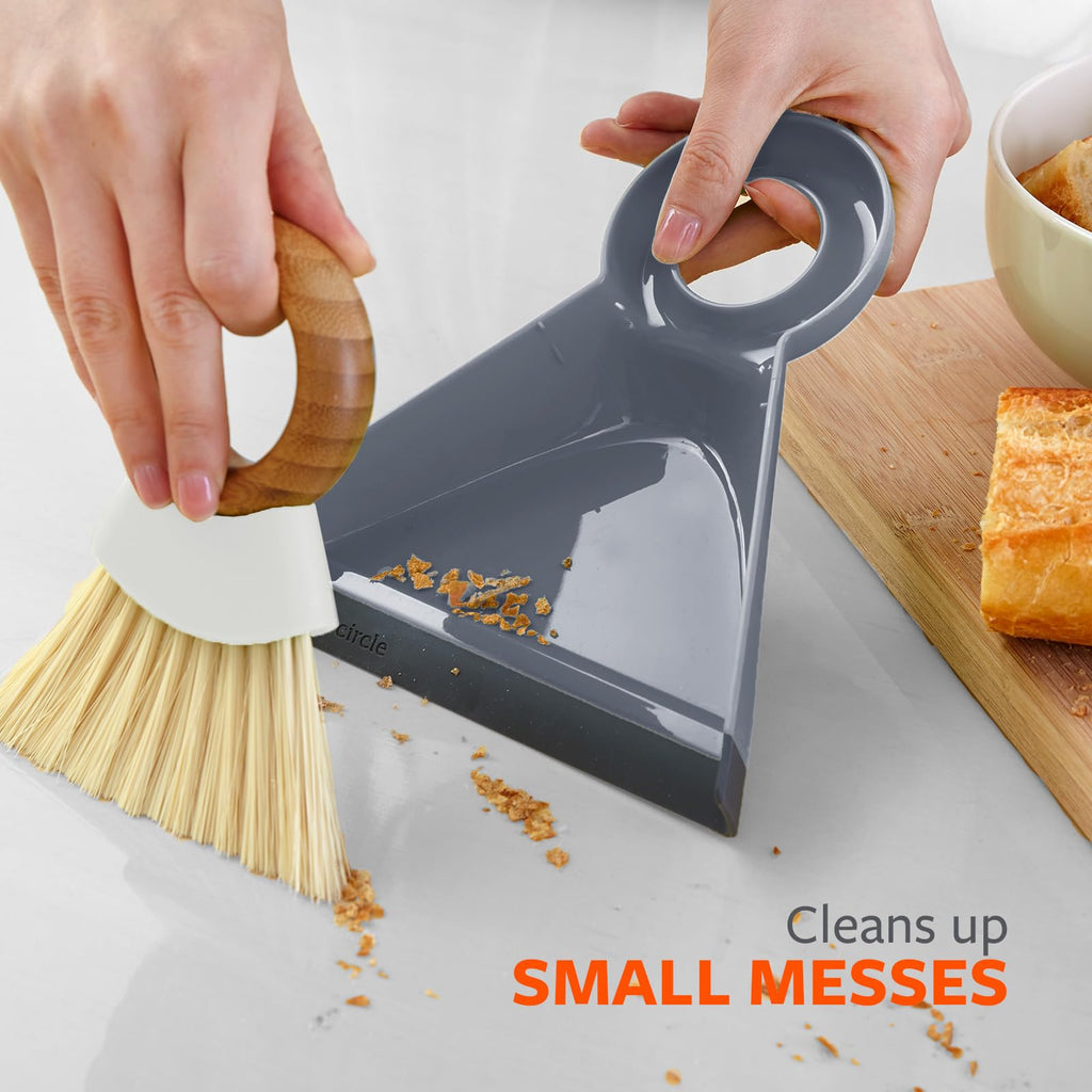 Full Circle Tiny Team Mini Compact Brush & Dustpan Set, Portable Handheld Broom for Quick Cleanups, Ideal for Home, Bathroom, Kitchen Countertops. Bamboo Hand Broom & Small Crumb Sweeper