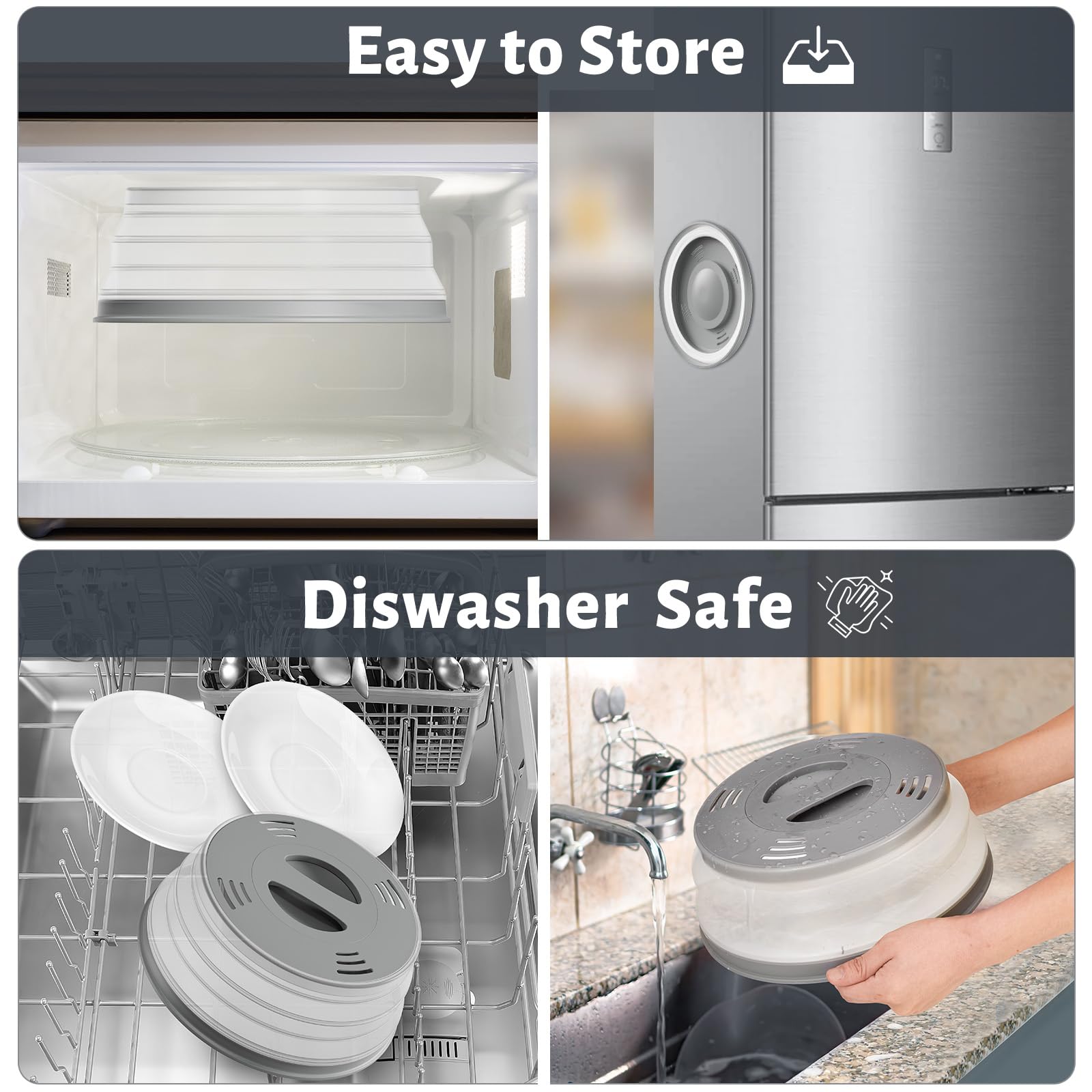 HomArtist Magnetic Microwave Covers for Food, Collapsible Microwave Splatter Cover 11”-12” Microwave Splatter Guard with Easy Grip Handle, Microwave Plate Cover with Steam Vents for Heating - Grey