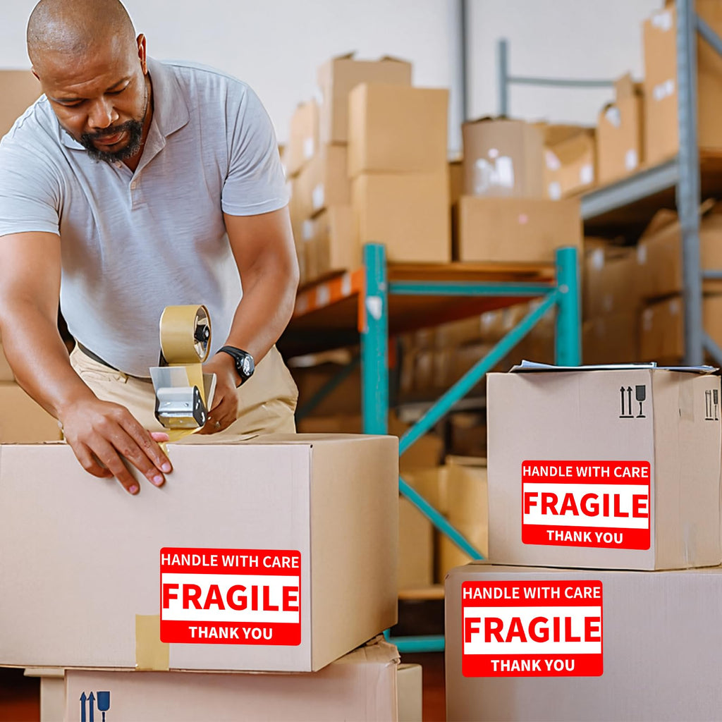 2 Rolls 3" x 5" Handle with Care Fragile Stickers for Shipping and Moving, 500 Labels per Roll, Permanent Adhesive Warning Stickers Fragile Labels