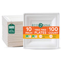 ECO SOUL 10 Inch Compostable Disposable Paper Plates [100 Pack] Food Safe 100% Virgin Bagasse Pulp Heavy Duty Biodegradable Microwave Safe Large Square Dinner Plate for Party, Picnic & BBQ (White)
