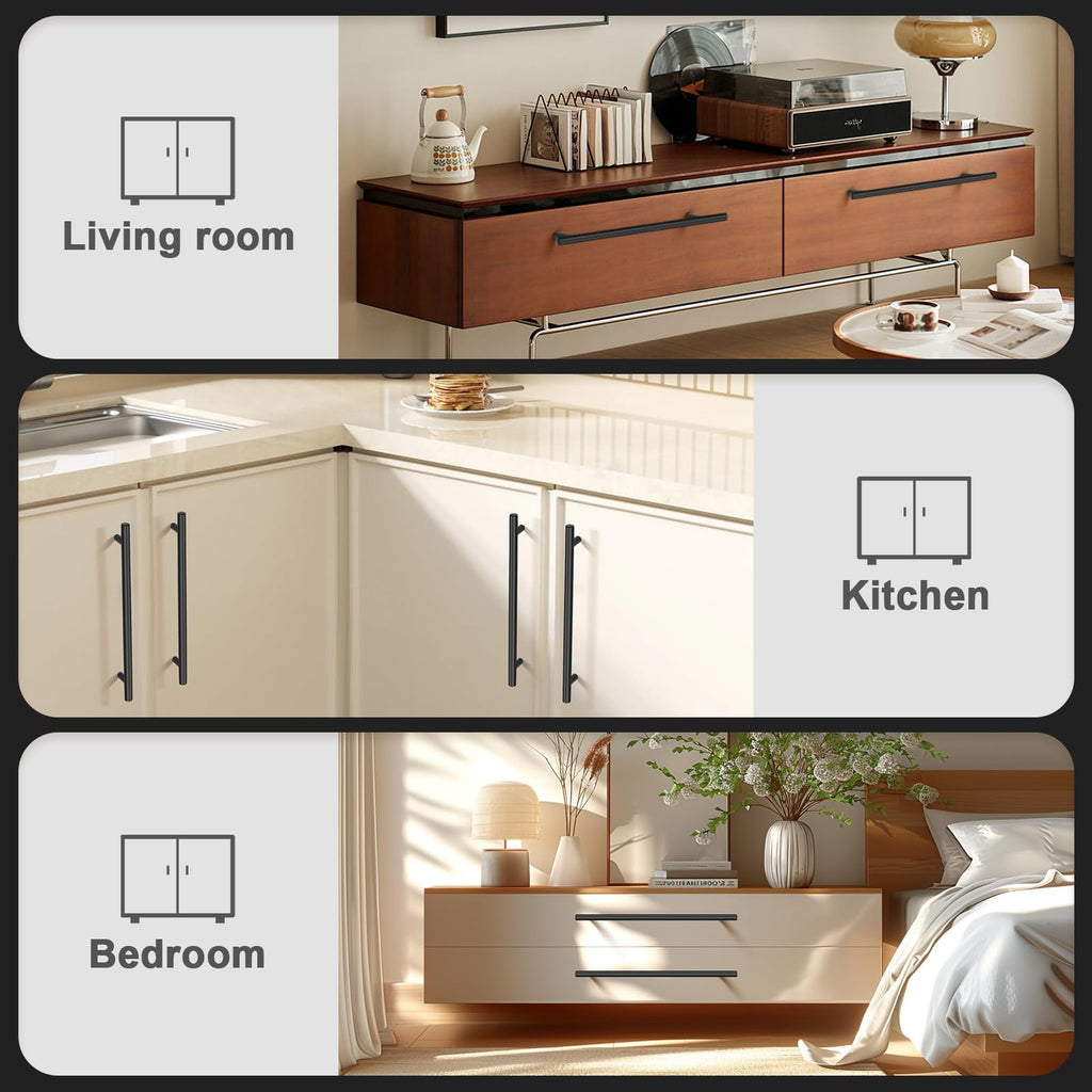 5 Pack Black Drawer Handles Kitchen Cabinet Handles Matte Black Cupboard Handles Drawer Pulls Wardrobe Door Handles 256mm Hole Centers
