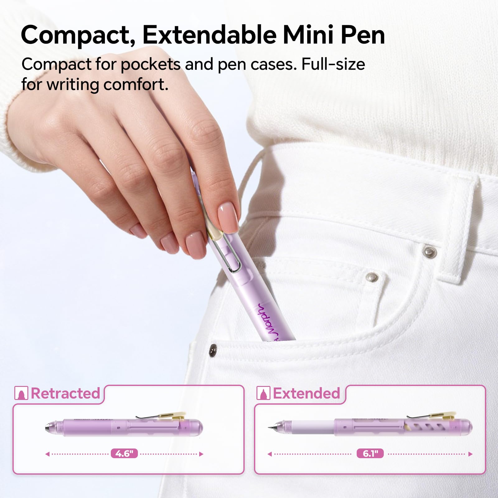 WRITECH Morph Extendable Gel Pen: 0.7mm Medium Point Black Ink Pocket-to-Full-Size Design Translucent Soft Grip Barrel Includes 2 Pens and 2 Refills Dual-Length Pocket Pen 4.6" to 6.1"