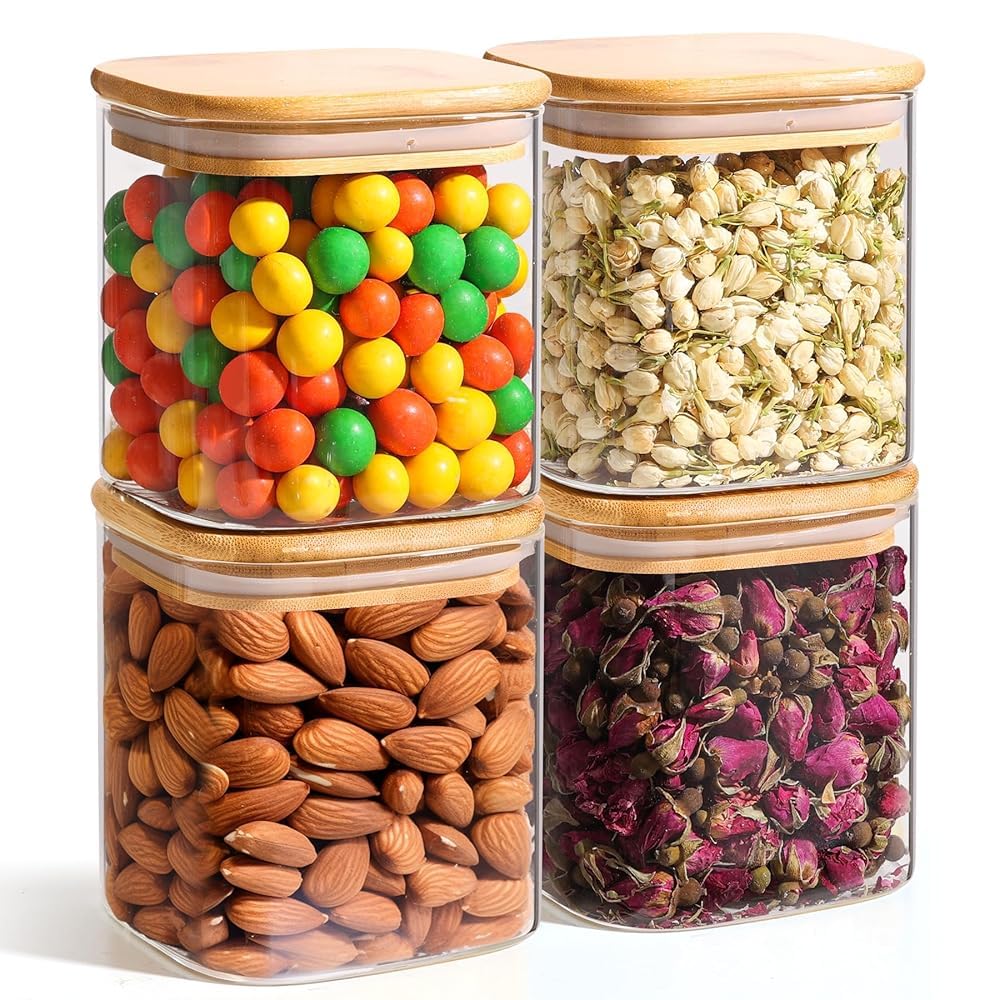 ComSaf 650ML Glass Food Storage Jars Set of 4, Small Glass Storage Containers with Lids, Pantry Organization Jar, Spice Jar, Blooming Tea, Candy and Cookie Container, Clear Canister Set for Kitchen