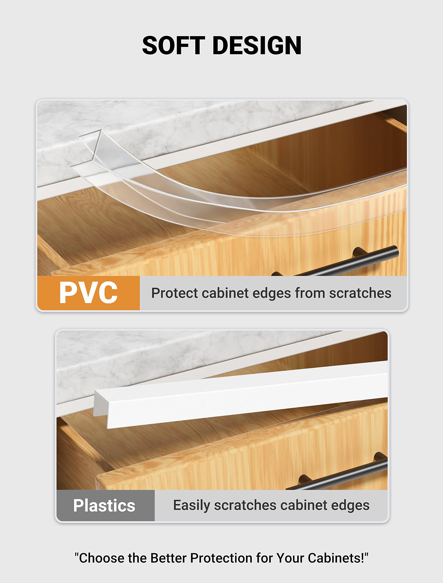 SARDVISA 17.5" Soft Cabinet Door Protector, Transparent Trimable PVC Edge Guard, Snugly Fit Slip On Bumper for Kitchen Cabinets, Prevents Wear, Chipping & Discoloration, 3/4" Thick, 4 Packs