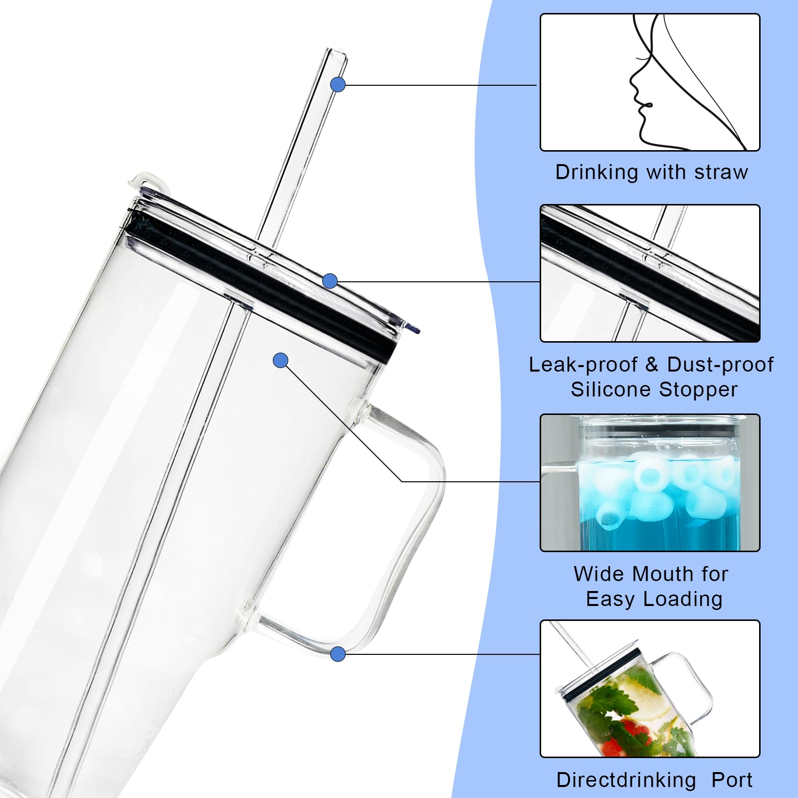 Glass Tumbler with Straws and Lids, 40oz Large Glass Coffee Tumbler with Handle, Clear Water Bottle for Car, Camping, Travel, and Outdoor Activities
