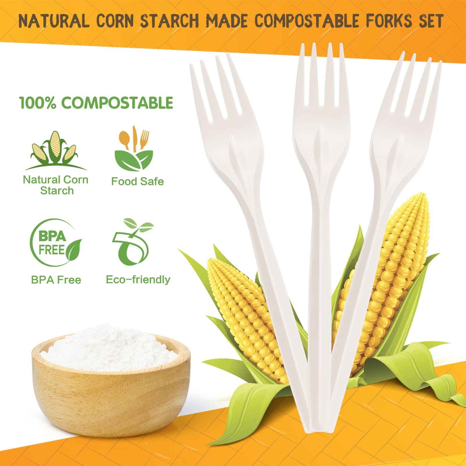 Gezond Compostable Forks 150 Count White Heavy-Duty Forks Disposable Cutlery Set 7 Inch Biodegradable Utensils for Party Supply