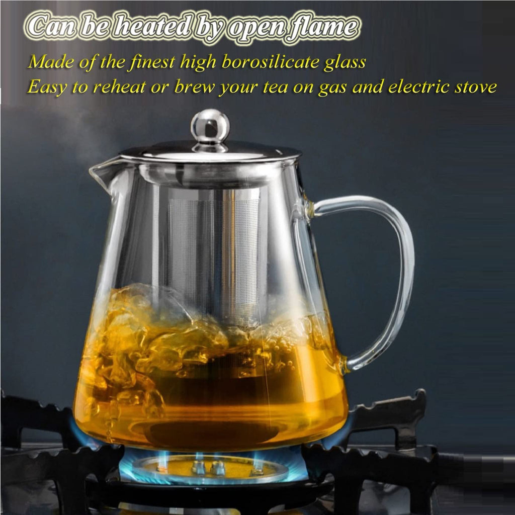 Glass Teapot with Removable Stainless Steel Infuser, Borosilicate Glass Tea Pot with Strainer,for Blooming Tea & Loose Leaf Tea, Microwave & Stovetop Safe (950ML/32oz)