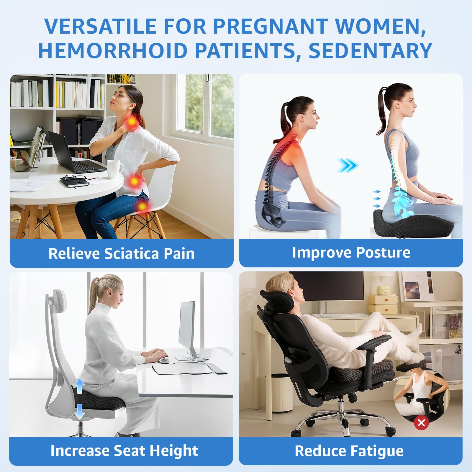 Comfortable Seat Cushions for Office Chairs, Coccyx Cushion for Tailbone Pain Relief - 19" W x 17" Extra Large Ergonomic Memory Foam Chair Seat Cushion with Removable Cover (Black and Extra Cover)