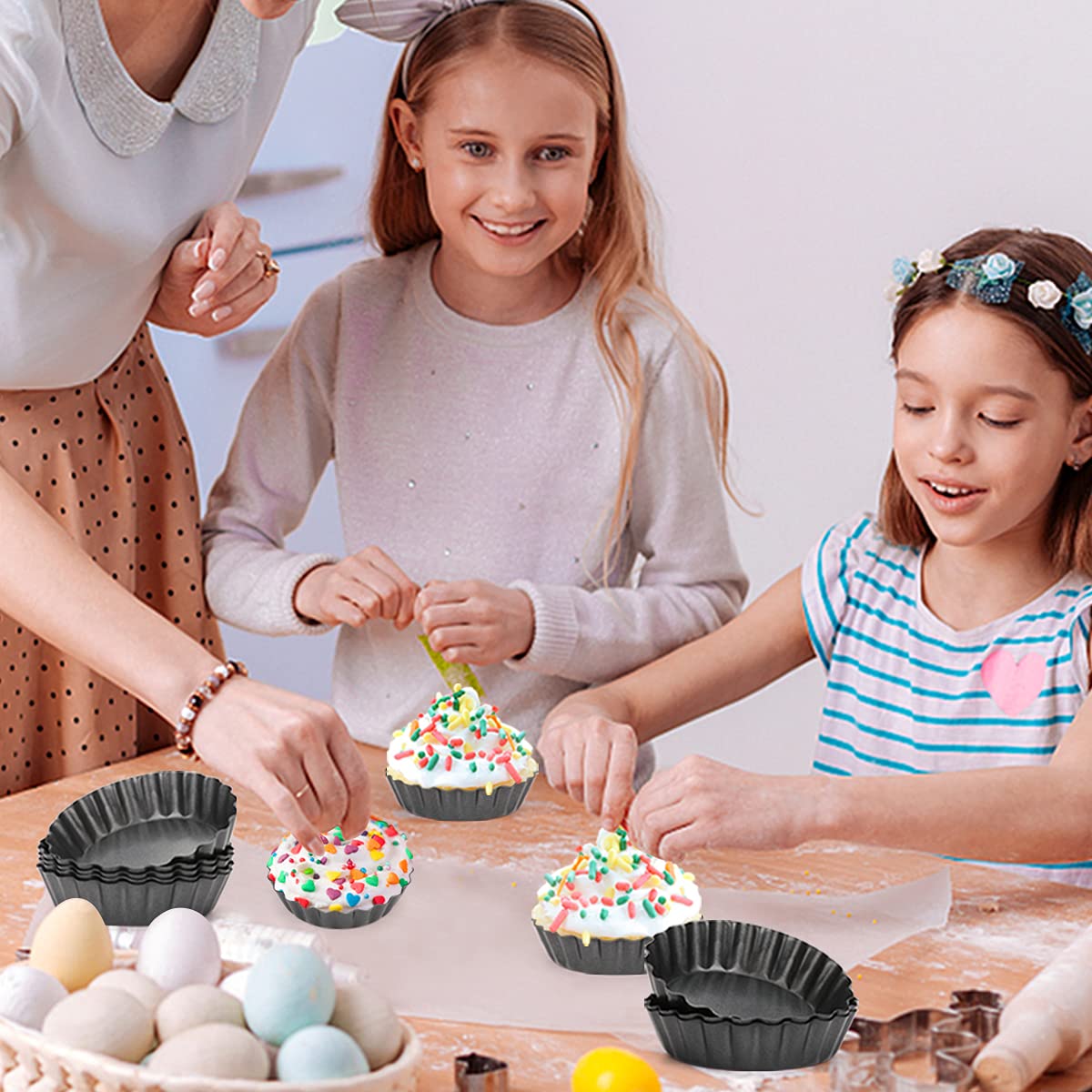 Cyimi 12 pcs Egg Tart Molds, 3" Mini Tart Pans Removable Bottom, Cupcake Cake Muffin Mold Tin Pan Baking Tool, Reusable Quiche Bakeware Carbon Steel for Pies, Quiche Bakeware, Cheese Cakes, Desserts