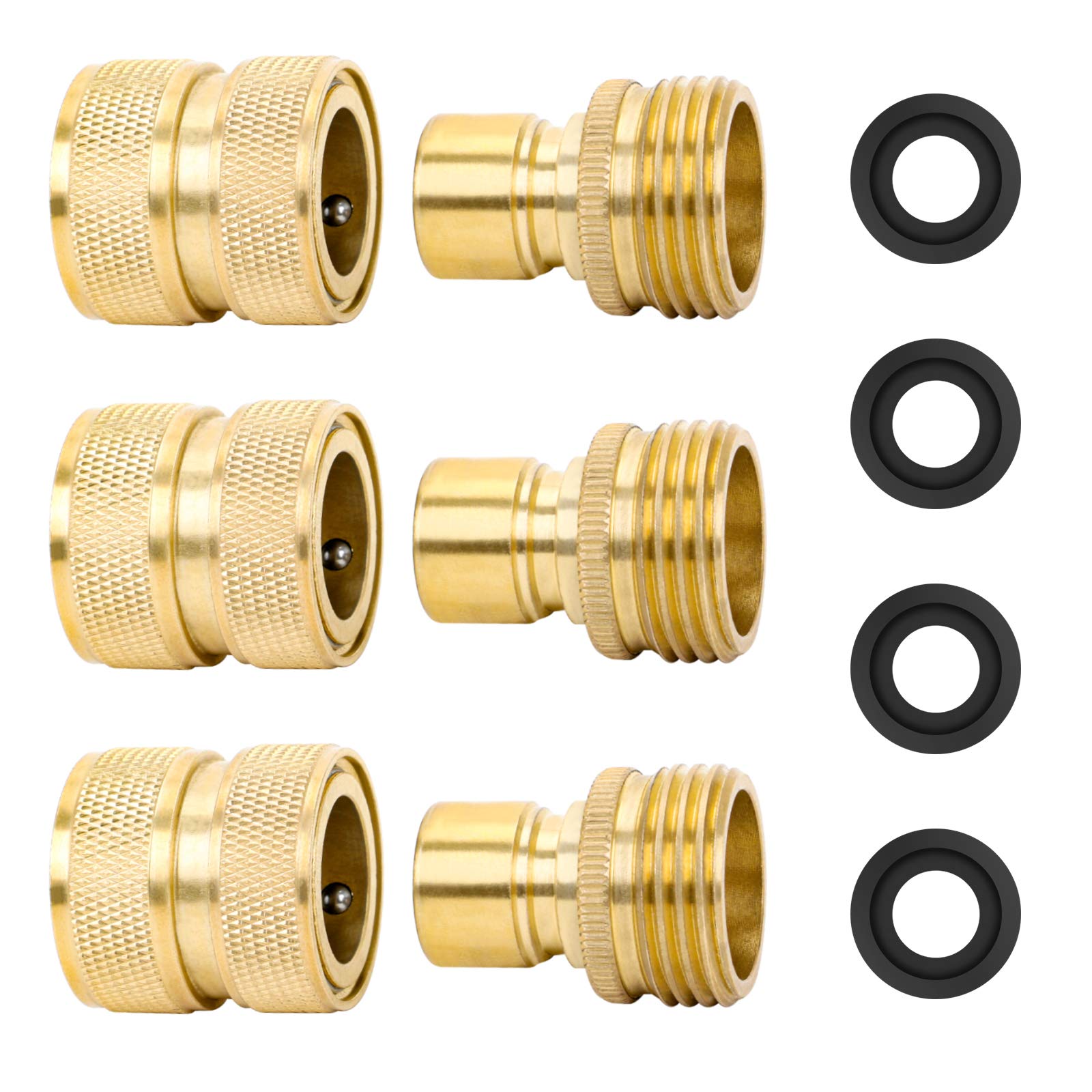 STYDDI Brass Full Flow Garden Hose Quick Release Connect Adaptor Fitting - Full Port Outdoor Water Quick Disconnect Connector Coupler With Male and Female - 3 Sets, 4 Washers