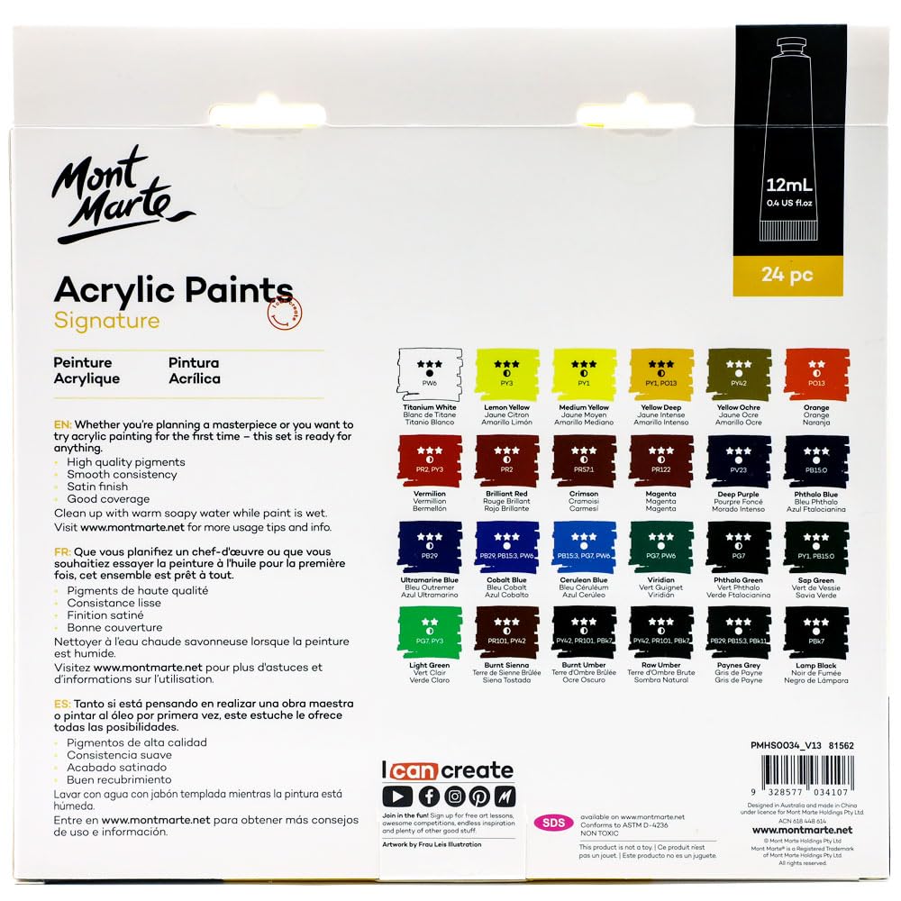Mont Marte Acrylic Paint 24 Colours x 12ml Tubes, Semi-Gloss Finish, Suitable for a Variety of Painting Styles