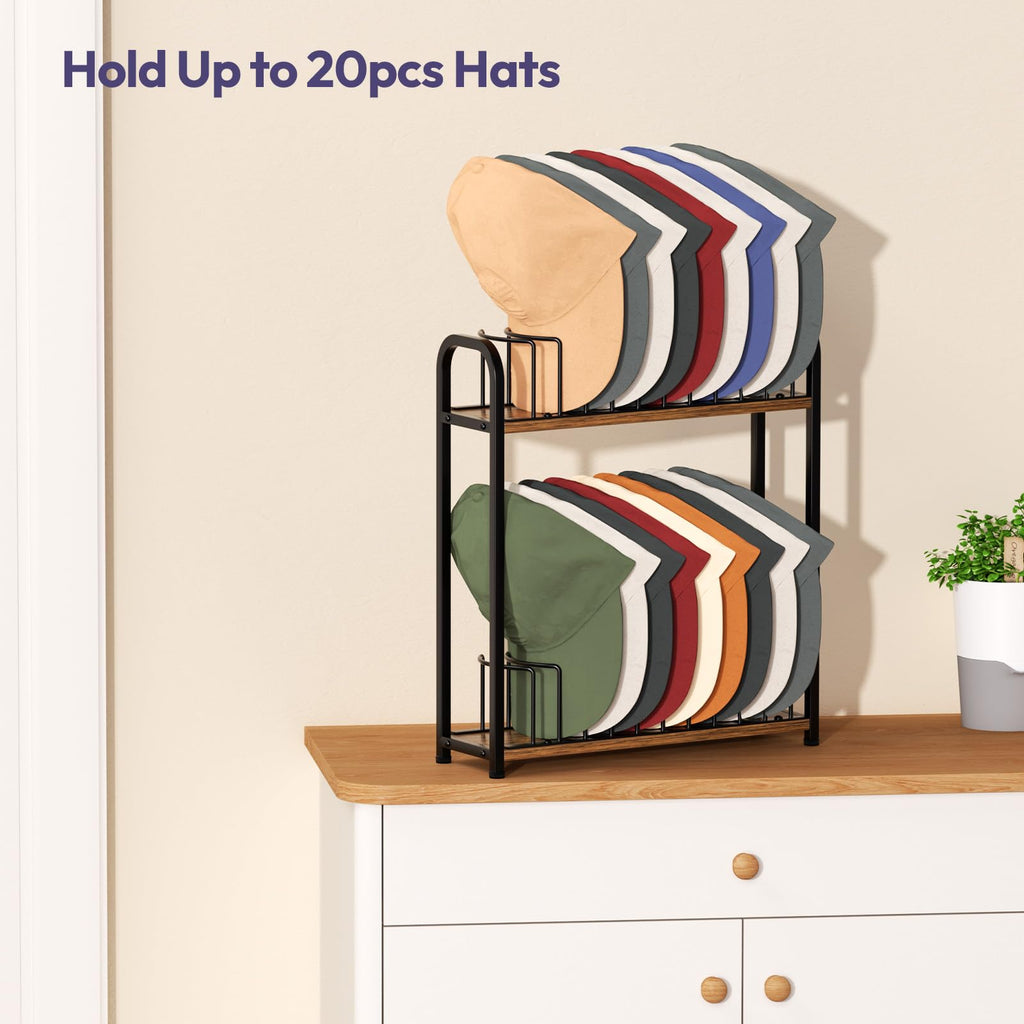 SWTYMIKI Hat Stand for Baseball Caps - 2 Tier Wood & Metal Removable Tabletop Hat Organizer Storage Display Rack, Hat Rack Holds up to 20 Caps for Desk, Closet Shelf, Dresser