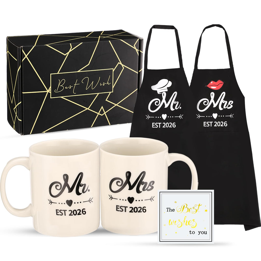 Mr and Mrs Est 2026 Mug and Apron Set, Wedding Engagement Anniversary Bridal Shower Gifts for Couple Mr and Mrs Smith Bride Groom Husband Wife Newlyweds Gifts