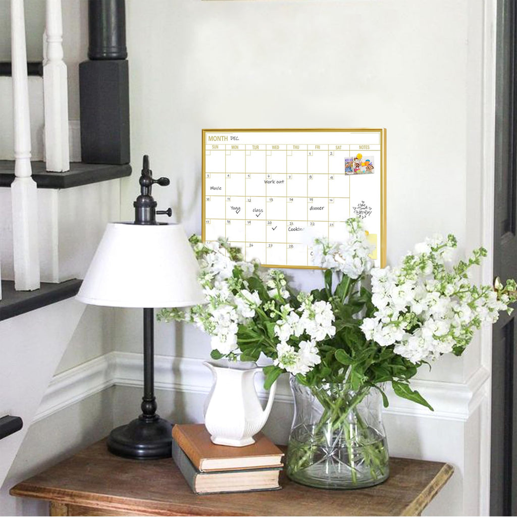 Marribol Golden Monthly Dry Erase Calendar Whiteboard for wall-40x30cm Portable Aluminum Frame,Magnetic Calendar White Board,Wall Planner Dry Erase Board for Office, Kitchen, School, Home-GG-CA