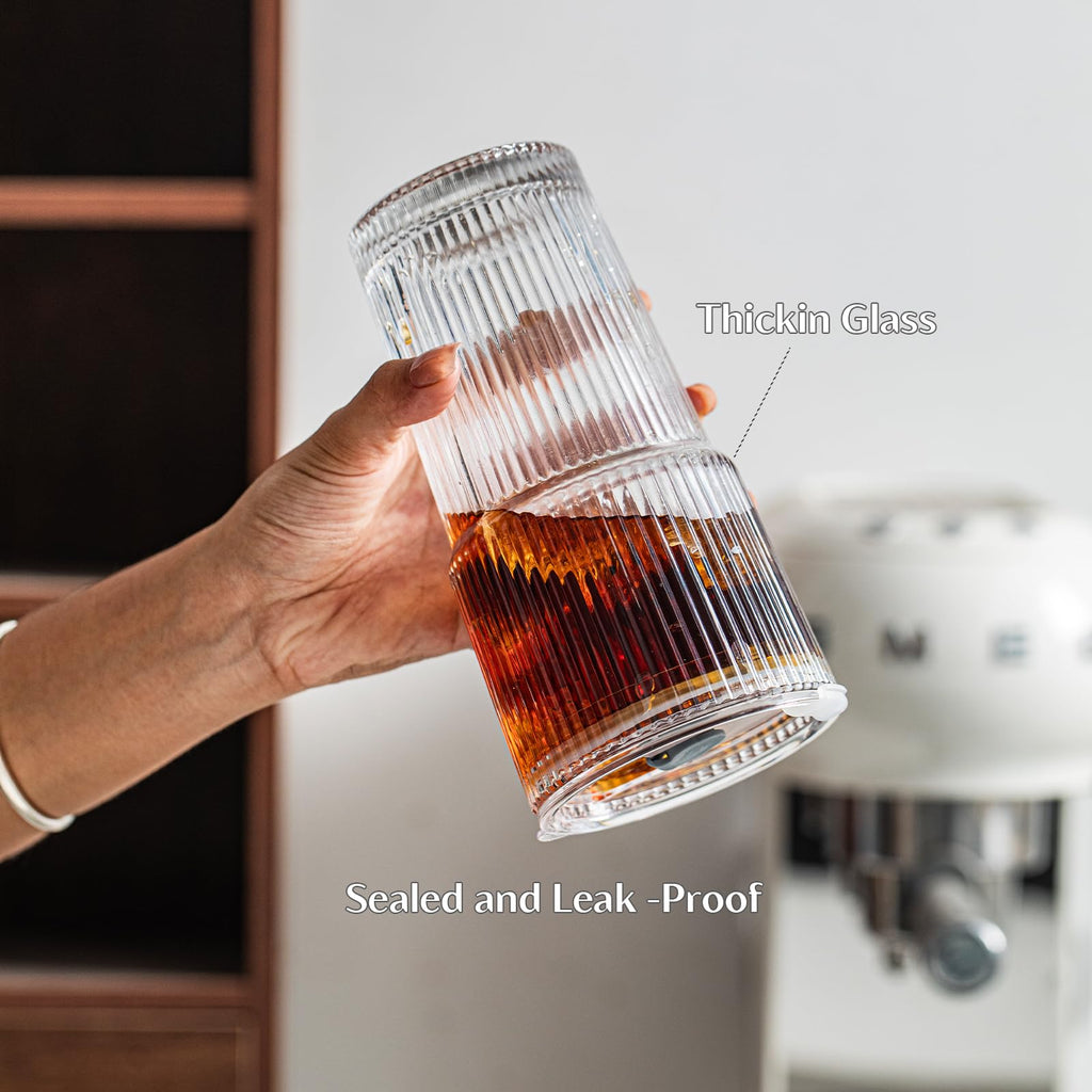 INSETLAN 20 oz Ribbed Glass Tumblers with Lids and Glass Straws – 4-Piece Glassware Set, Heavy-Duty Tumblers, Ideal for Iced Coffee, Smoothies, Cocktails, and Juices – Elegant and Durable Drinkware