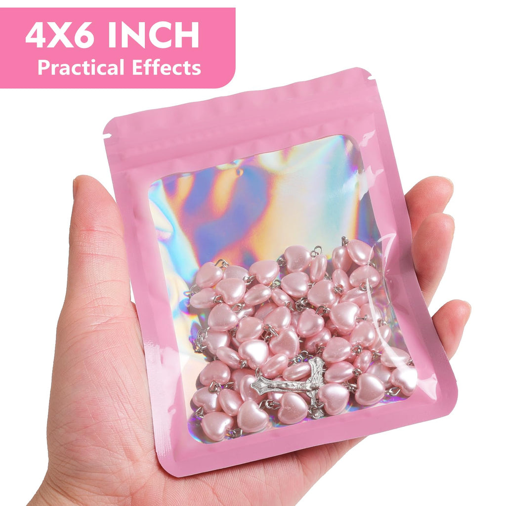 Durimoiy 100-pack mylar bags with clear window holographic resealable zipper sealable pouch bags candy,cookie,electronic supplies（4×6 inch,pink ）