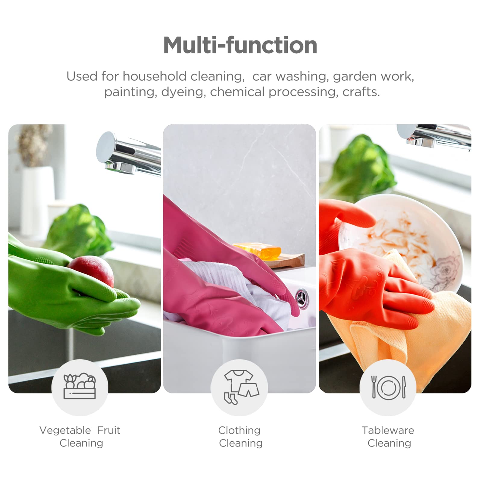 Rubber dishwashing gloves 3 Pairs for kitchen,Cleaning washing dish gloves long for household reuseable durable.(Small,Multicolor)