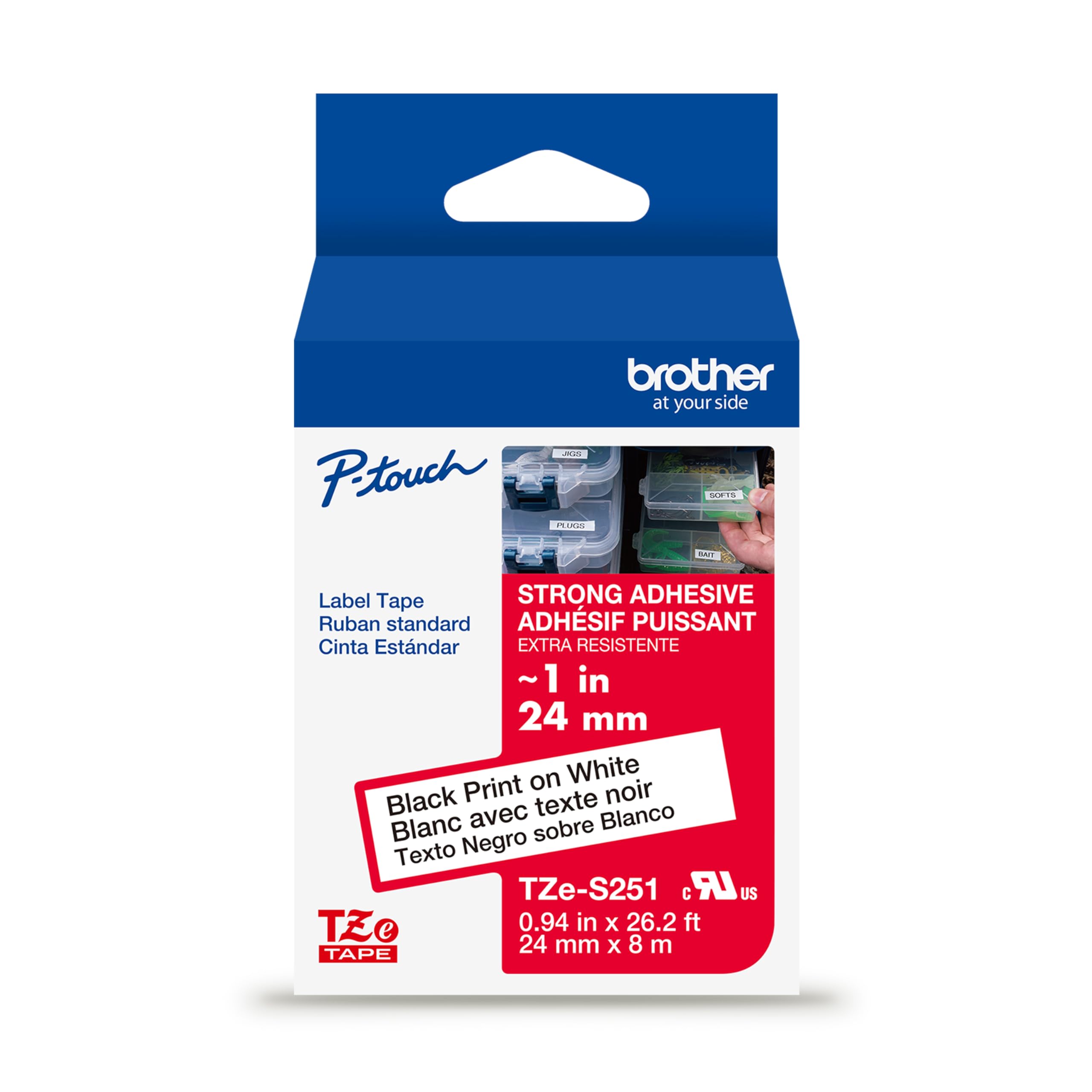 Brother Genuine TZe-S251 Black on White Extra-Strength Laminated Tape for P-Touch Label Makers, 24 mm Wide x 8 m Long