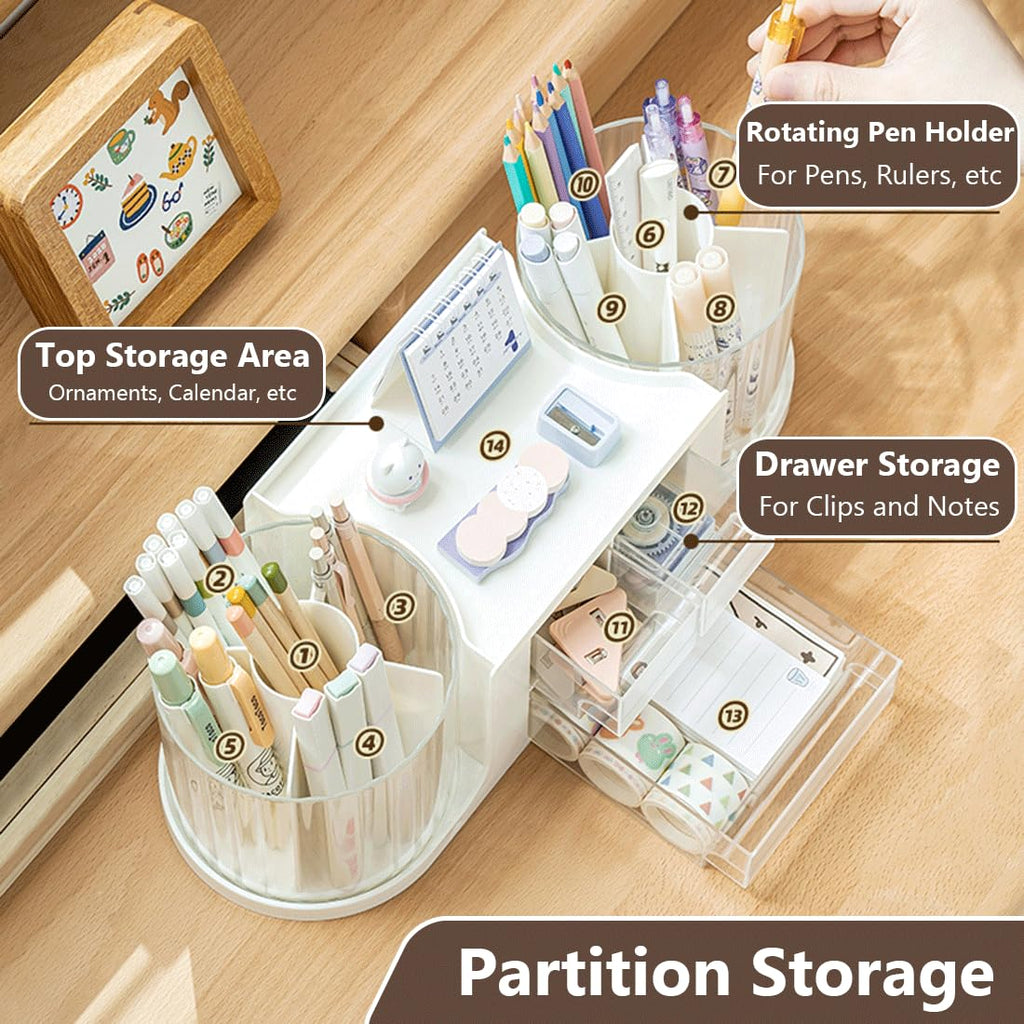 Rotating Desk Organizer with 2 Pen Holder, Office Desk Organizers and Storage with 10 Slots 360 Degree Rotating Pencil Holder for Desk+3 Drawer Organizers+1 Top Storage Tray for School Supplies