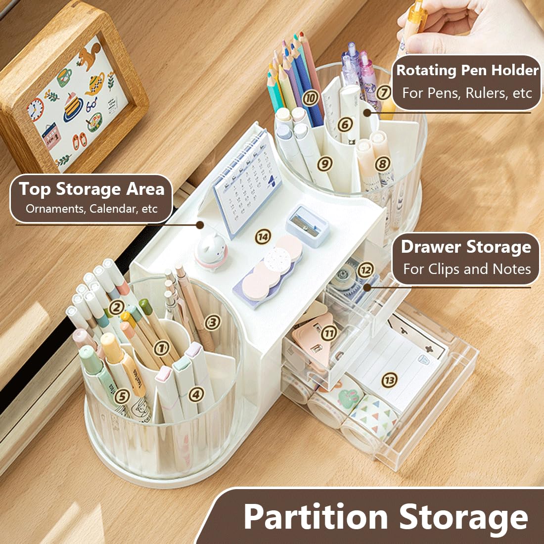 Rotating Desk Organizer with 2 Pen Holder, Office Desk Organizers and Storage with 10 Slots 360 Degree Rotating Pencil Holder for Desk+3 Drawer Organizers+1 Top Storage Tray for School Supplies