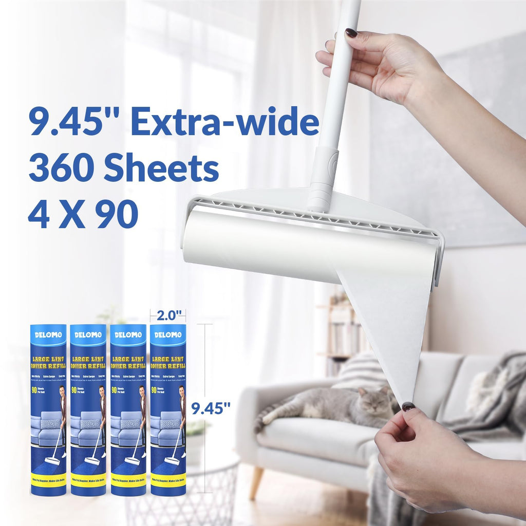 Large Lint Rollers for Carpet, Sticky Rollers for Floor DELOMO 9.45 in with 3 Extendable Handle, Long Handle Sticky Mop for Cleaning Carpets, Cars, Bedding, and Pet Hair, Ideal Gift for Pet Owners