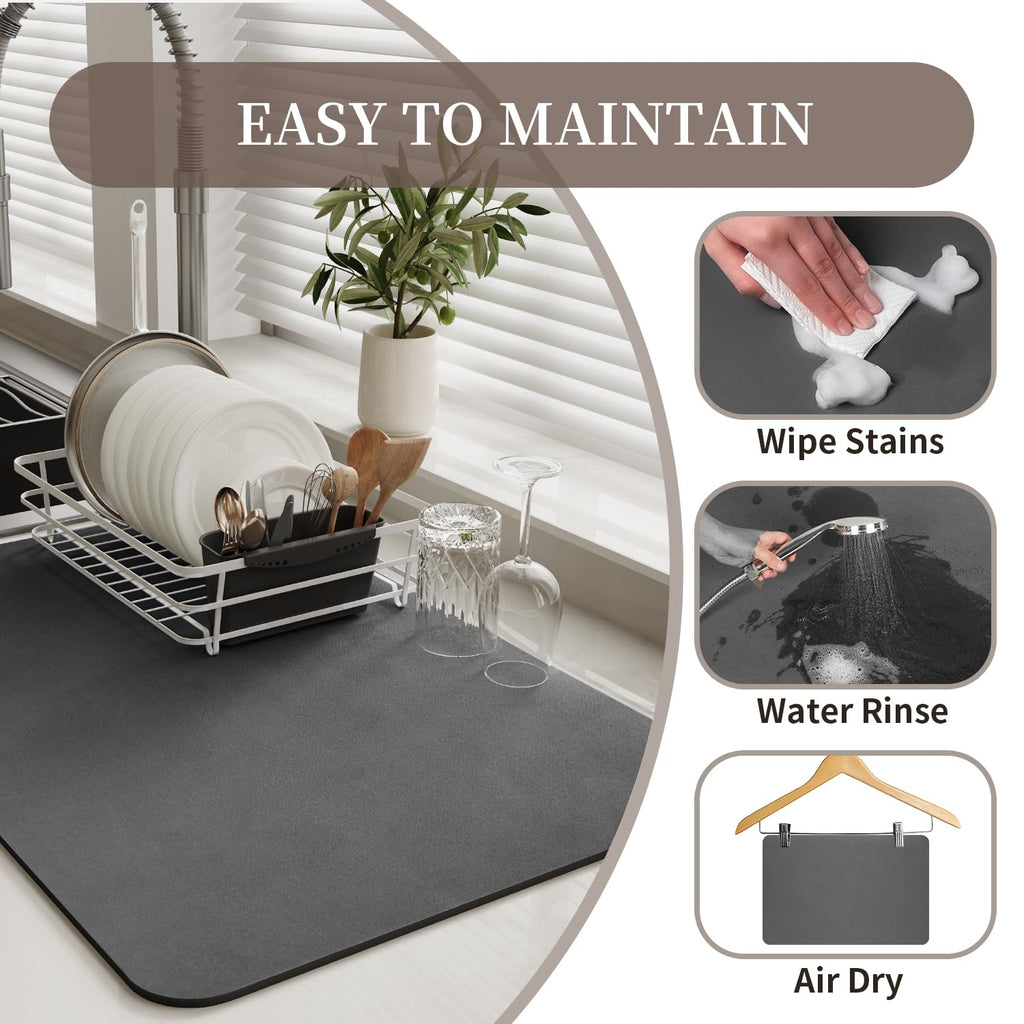 MontVoo-Absorbent Dish Drying Mat-Kitchen Counter Rubber Backed Water Absorbing Drying Mat-Hide Stain Under Dish Mat Quick Dry Coffee Mat-Dark Grey 16''x24''
