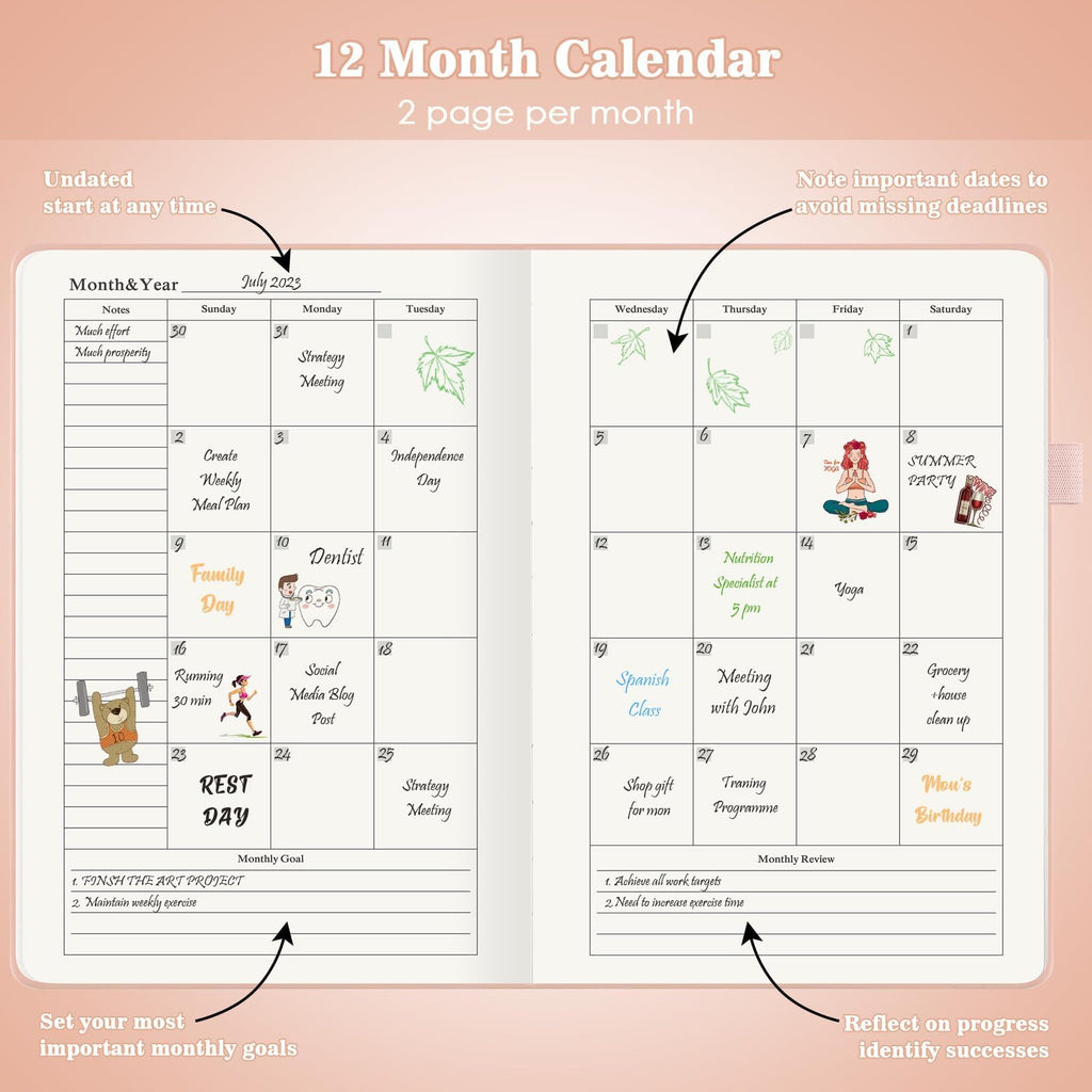 Planner, Undated Daily Planner with To Do List, 365 Days Planner for ADHD, Agenda for Women Men, Hourly Planner Notebook for Goal Setting, Productivity Organizer with Calendar, 8.3" x 5.8" (Pink)