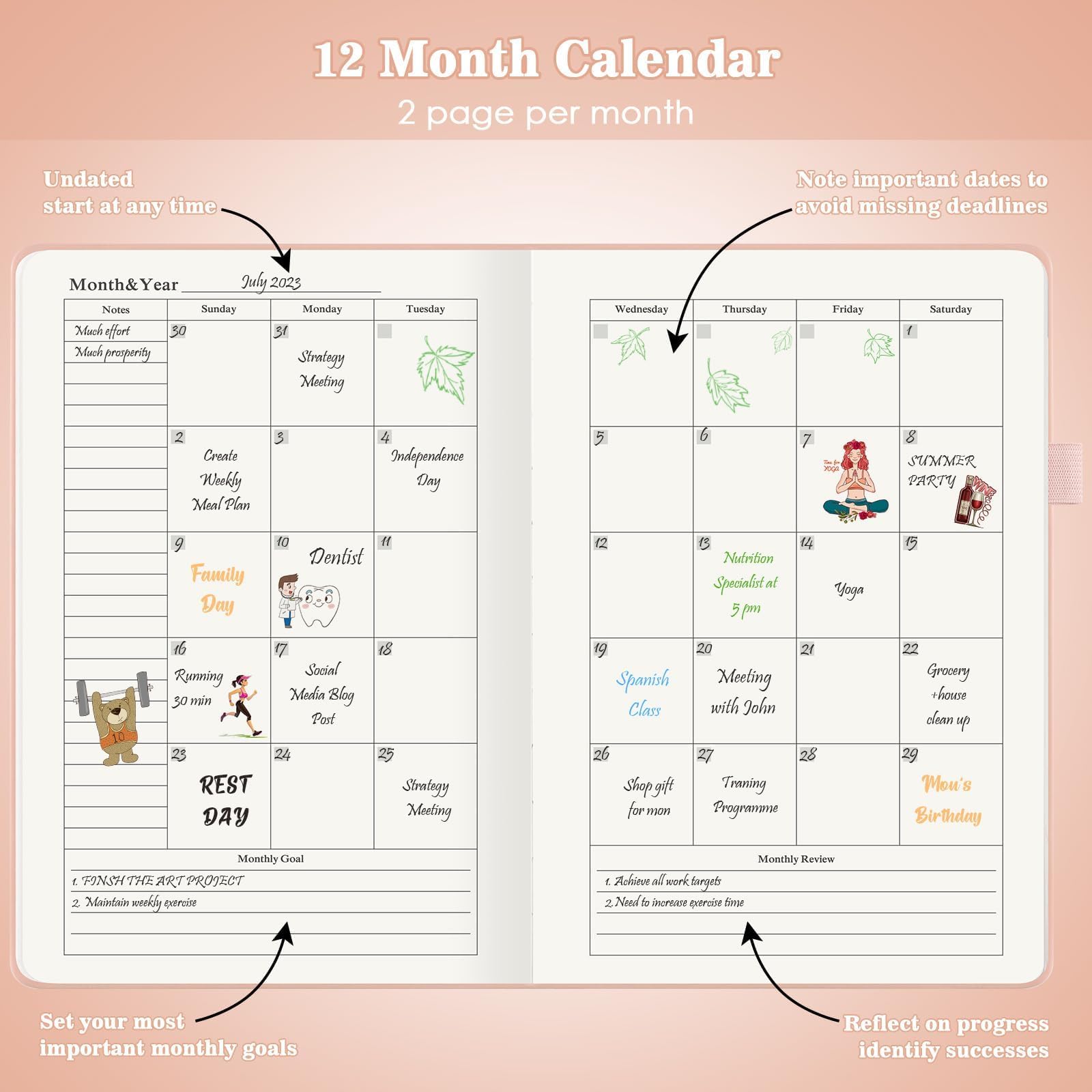 Planner, Undated Daily Planner with To Do List, 365 Days Planner for ADHD, Agenda for Women Men, Hourly Planner Notebook for Goal Setting, Productivity Organizer with Calendar, 8.3" x 5.8" (Pink)