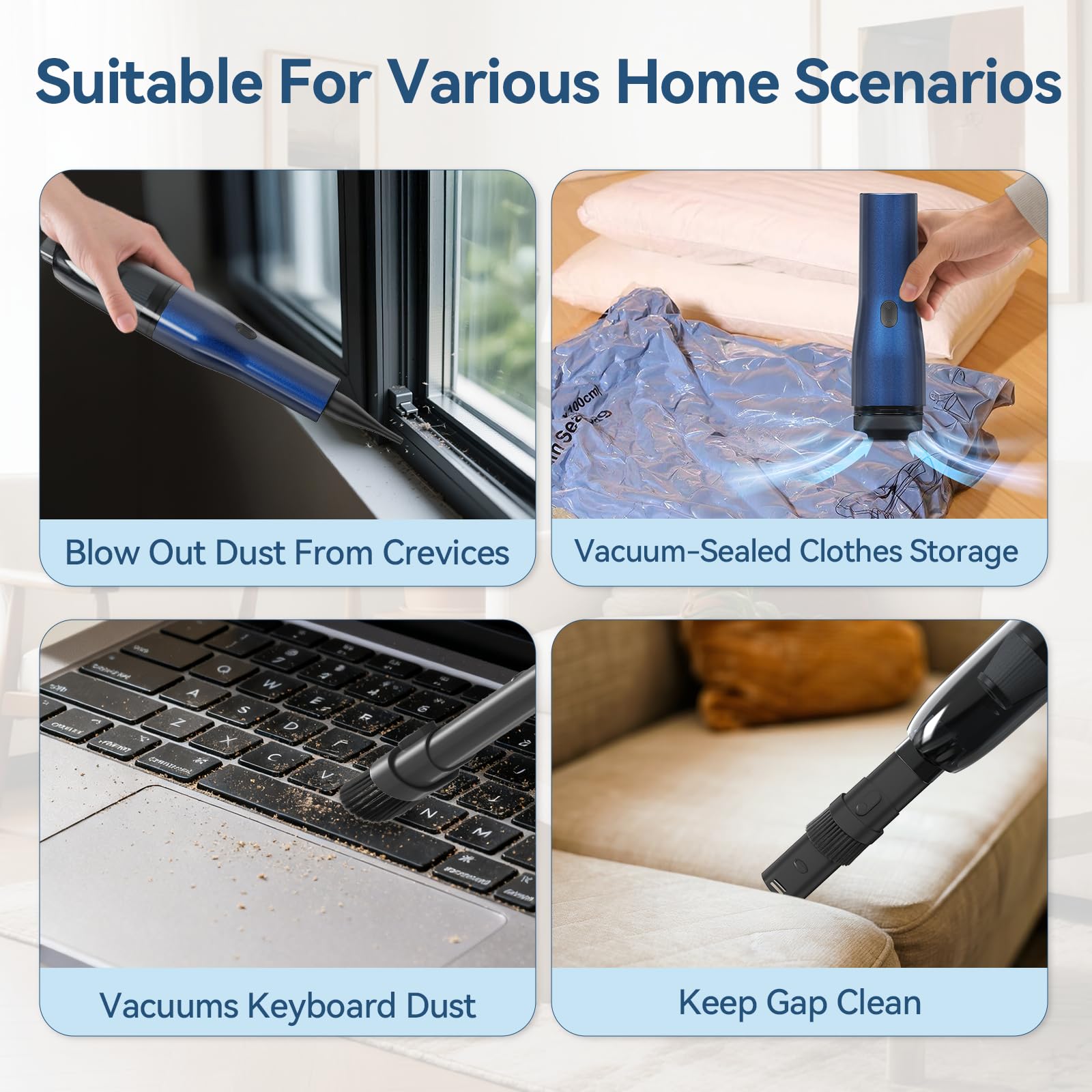 Blozor H2 Handheld Vacuum Car Vacuum, Mini Cordless Vacuum Cleaner with High-Speed Brush Motor Visual Dust Storage Silo Type-C Charge for Car Interiors, Sofas, Tabletops, Keyboards-Blue Gray